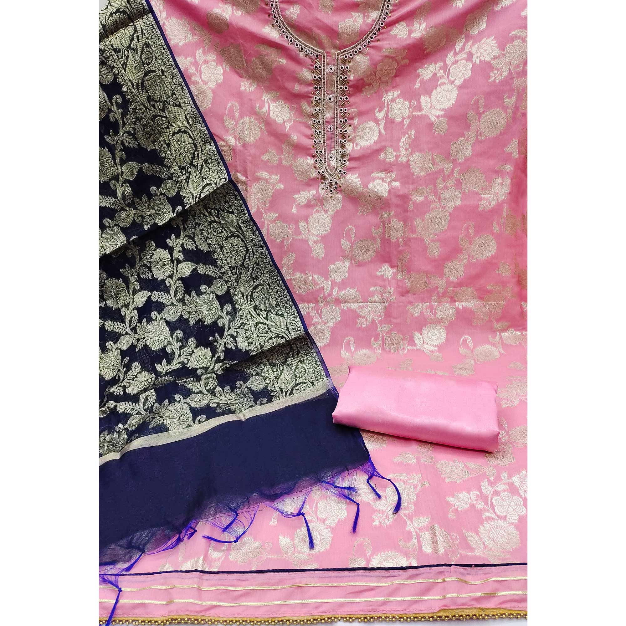 Pink Floral Woven With Handwork Banarasi Silk Dress Material