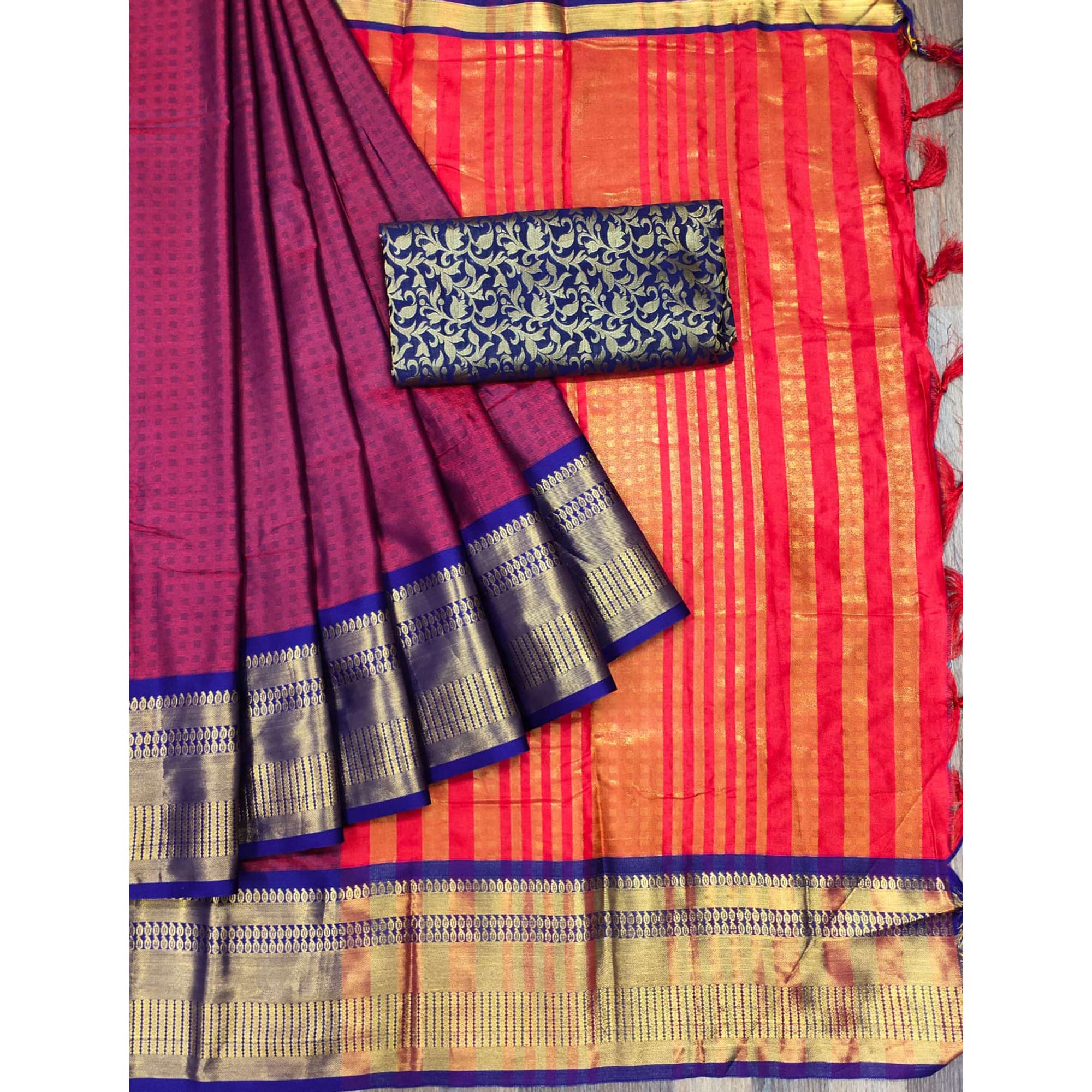 Red Woven Cotton Silk Saree With Tassels