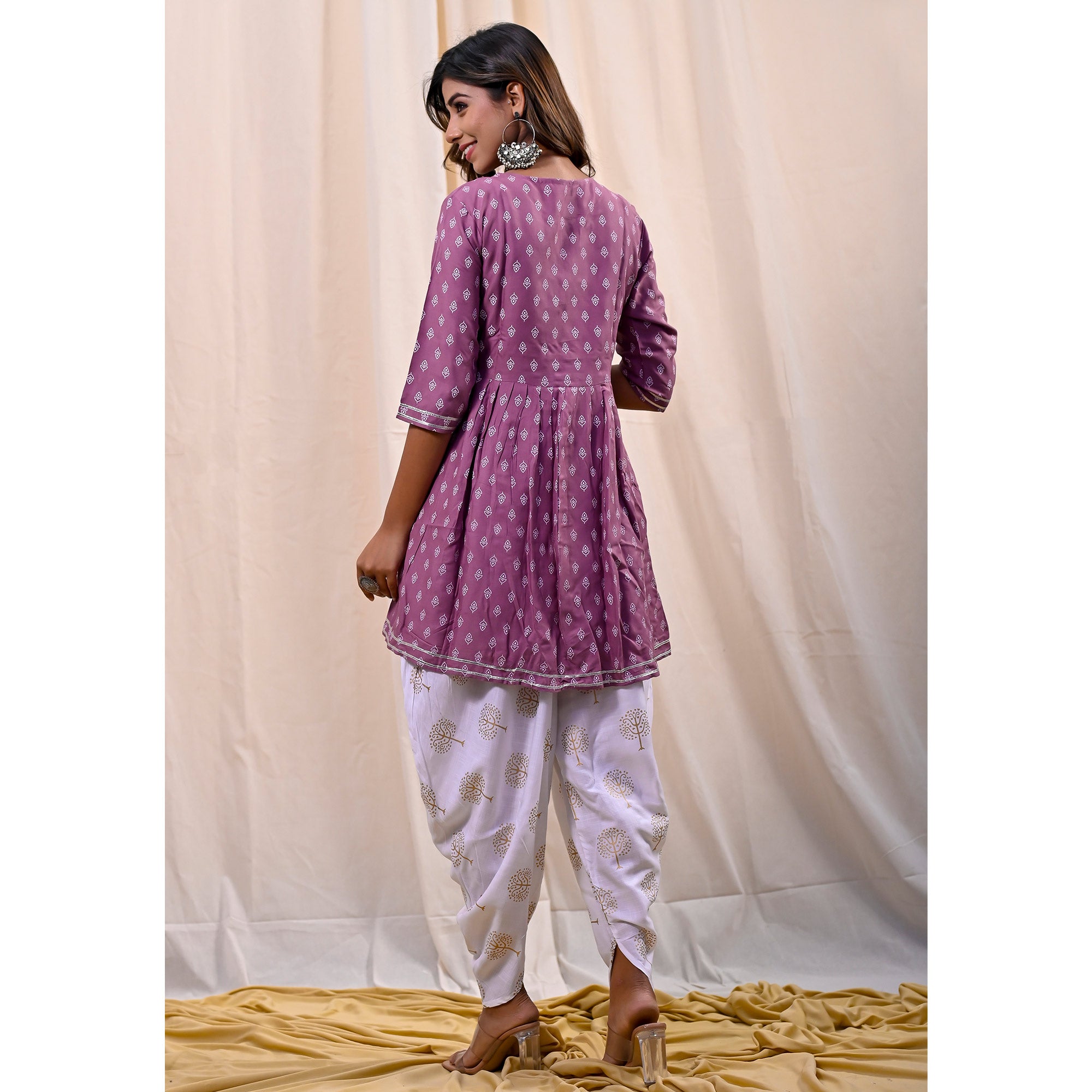 Plum Violet Printed With Embroidered Rayon Kurti With Dhoti Set