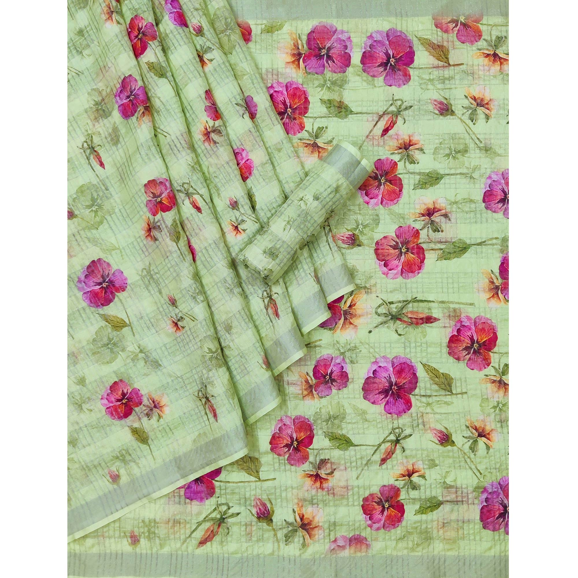 Green Floral Digital Printed Cotton Silk Saree