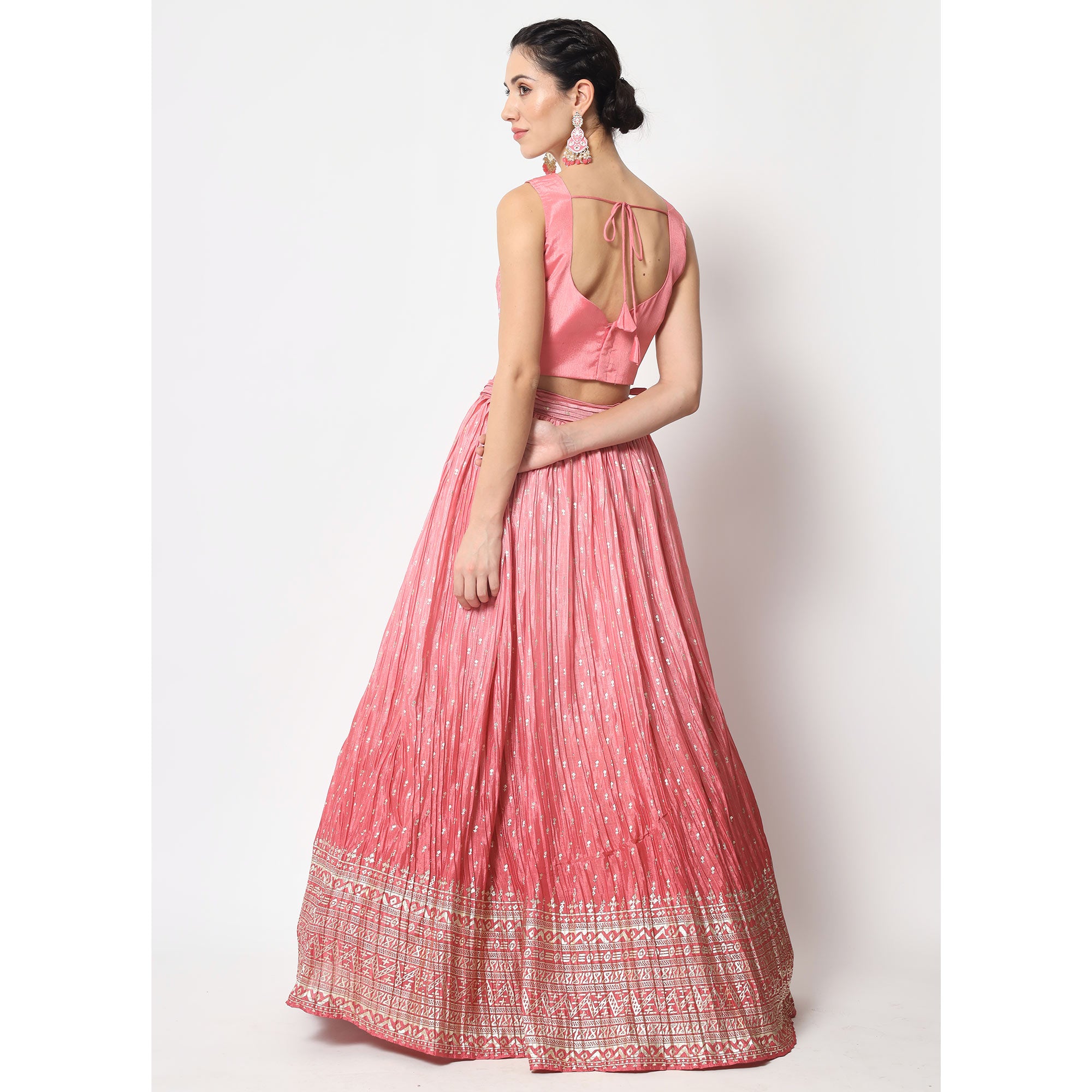 Pink Foil Printed Chiffon Lehenga Choli