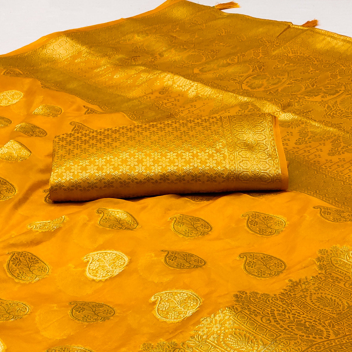 Yellow Woven Organza Saree With Tassels