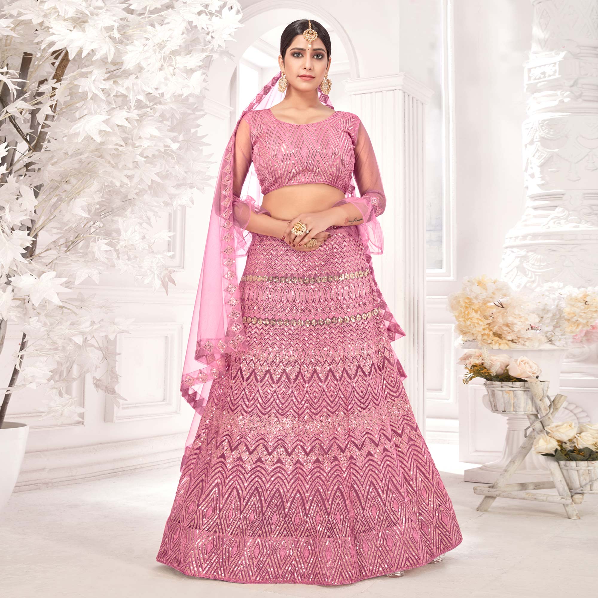 Pink Sequins Embroidered Netted Lehenga Choli