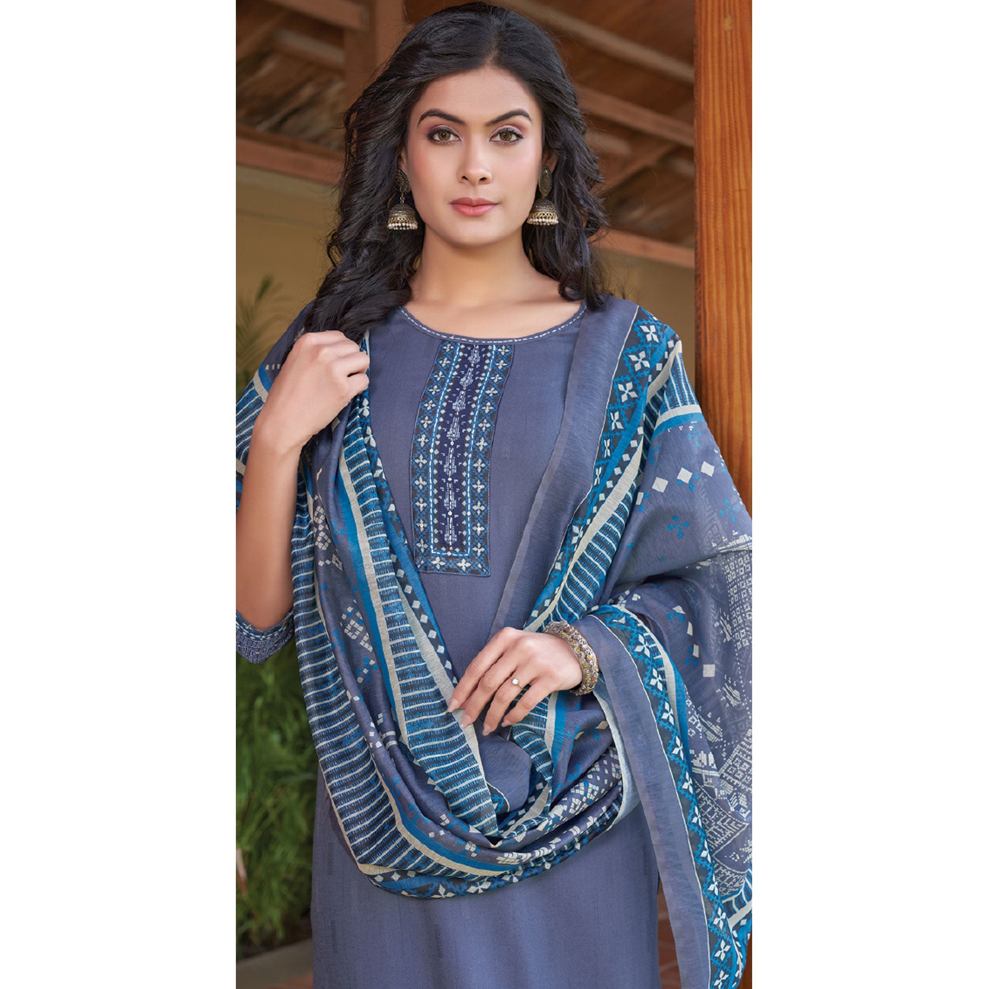 Grey Embroidered Rayon Kurti With Dupatta