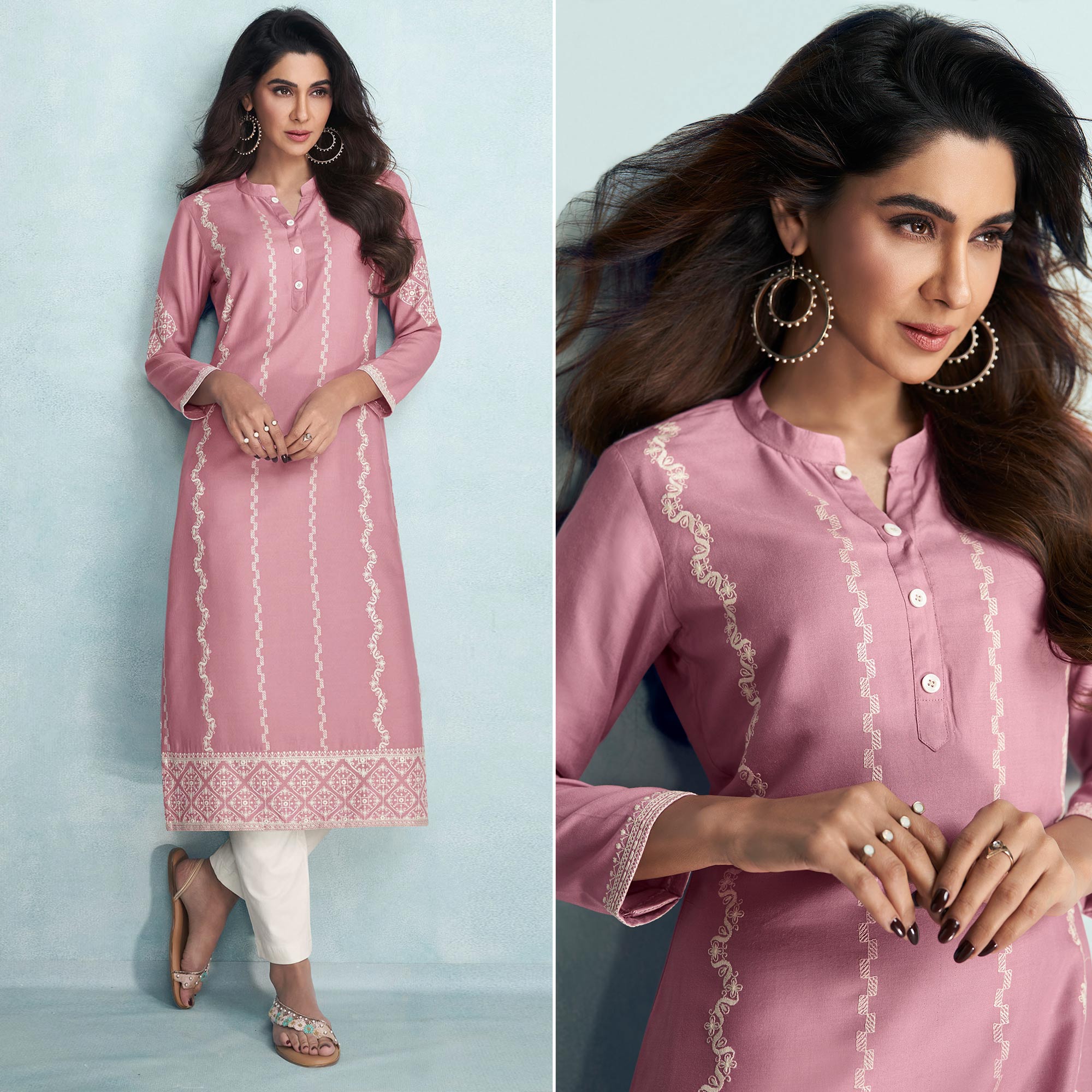 Pink Lucknowi Embroidered Rayon Kurti