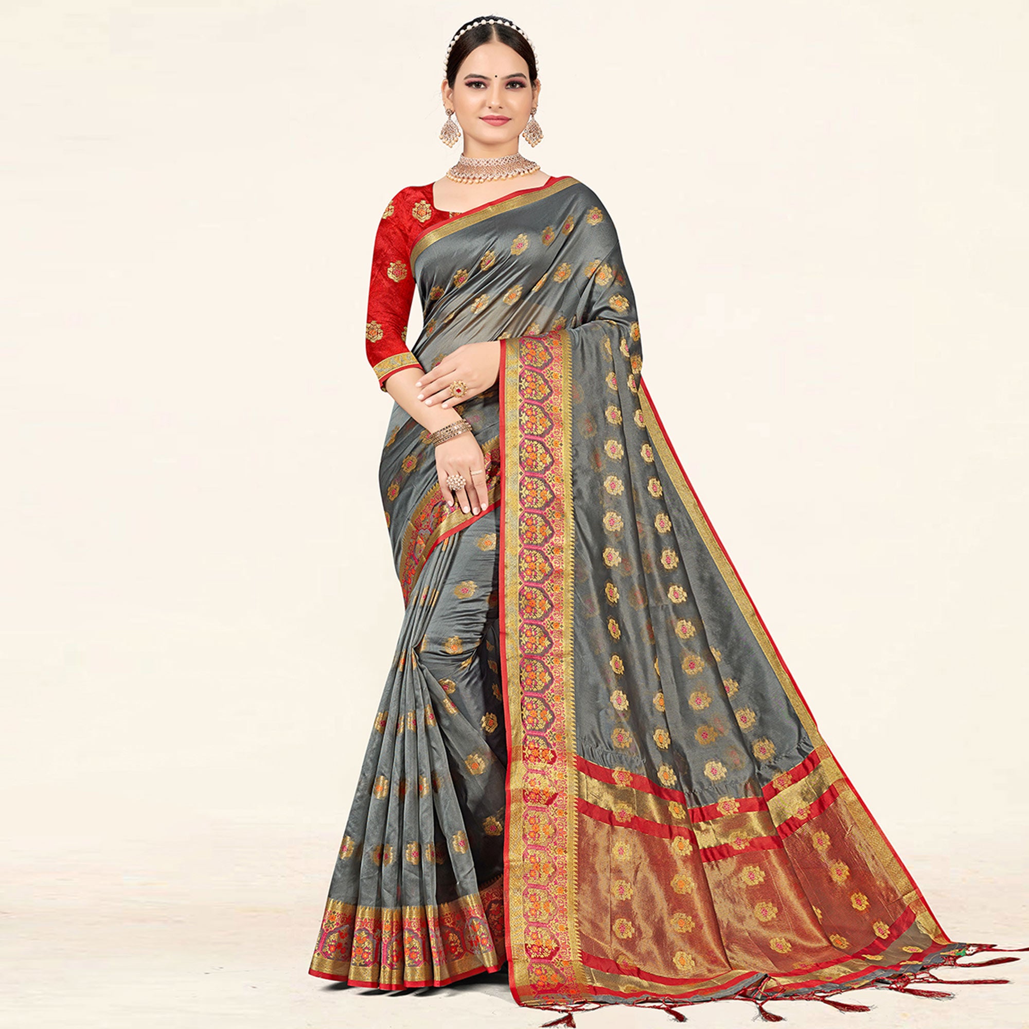 Grey Woven Organza Saree With Tassels