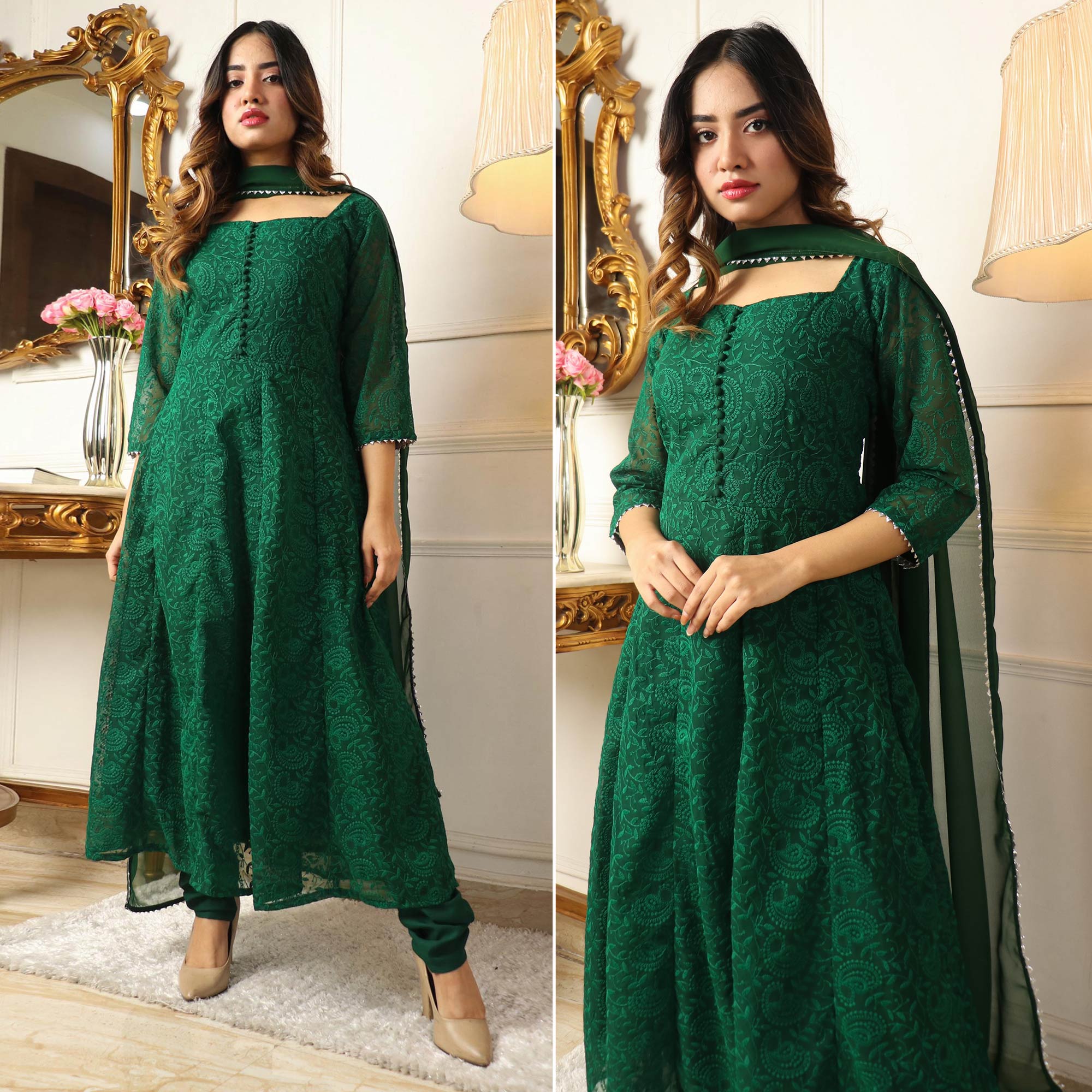 Green Chikankari Work Georgette Anarkali Suit