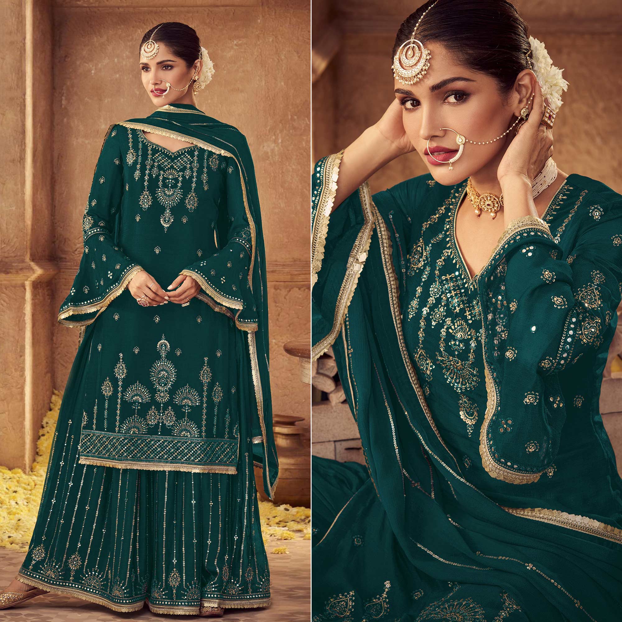 Sea Green Sequins Embroidered Georgette Sharara Suit