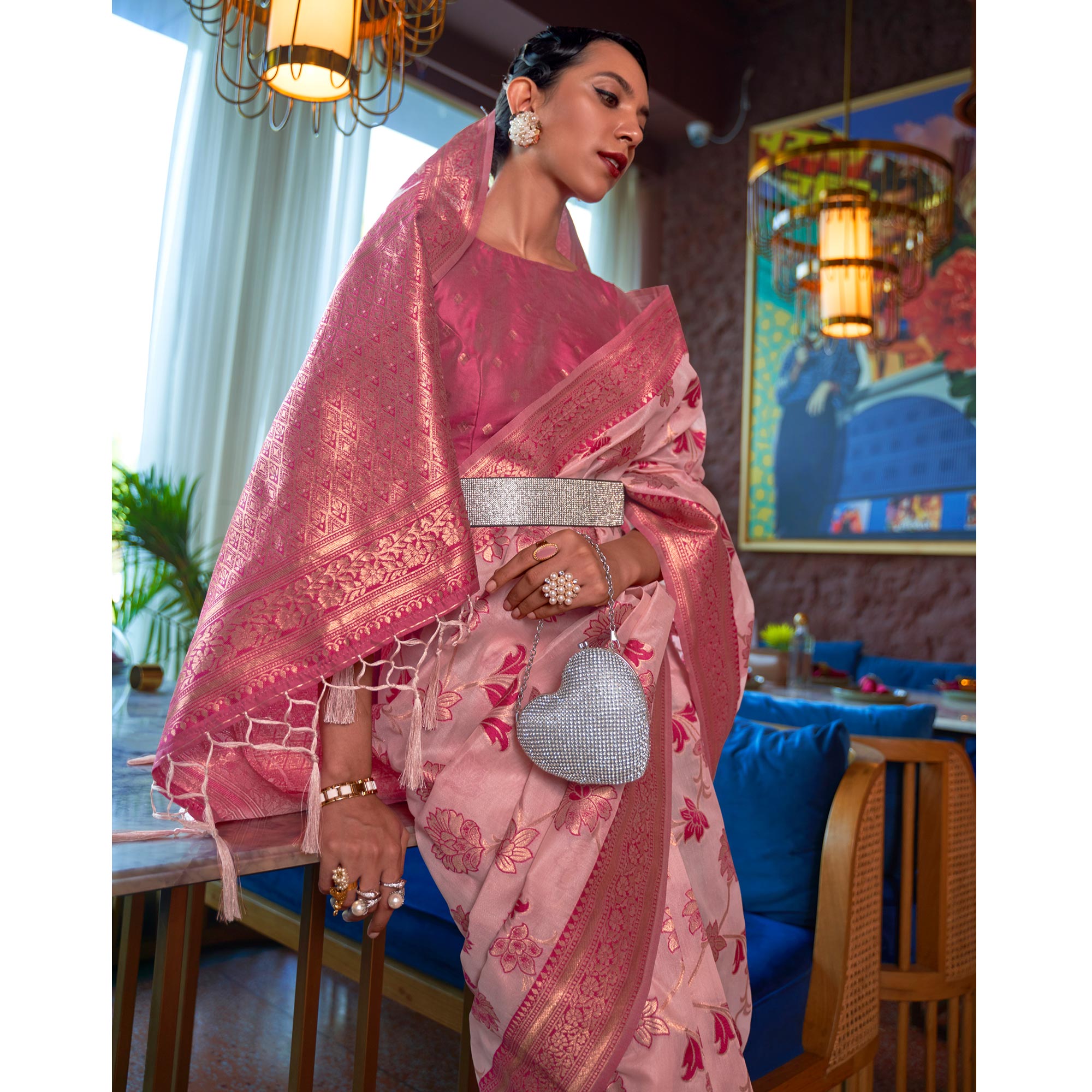 Pink Woven Organza Saree With Tassels