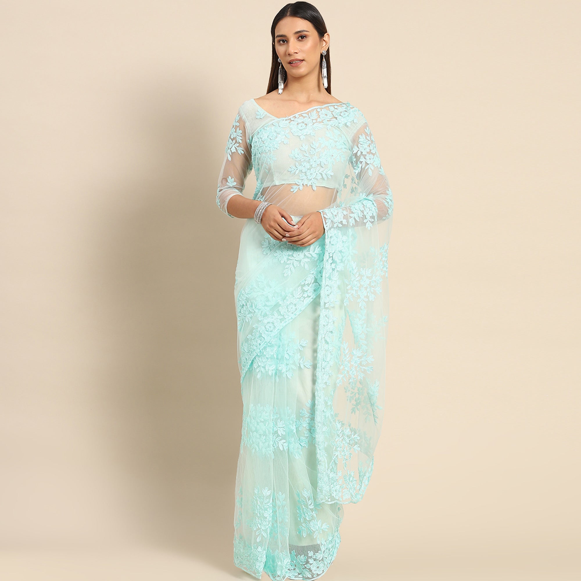 Turquoise Floral Embroidered Net Saree