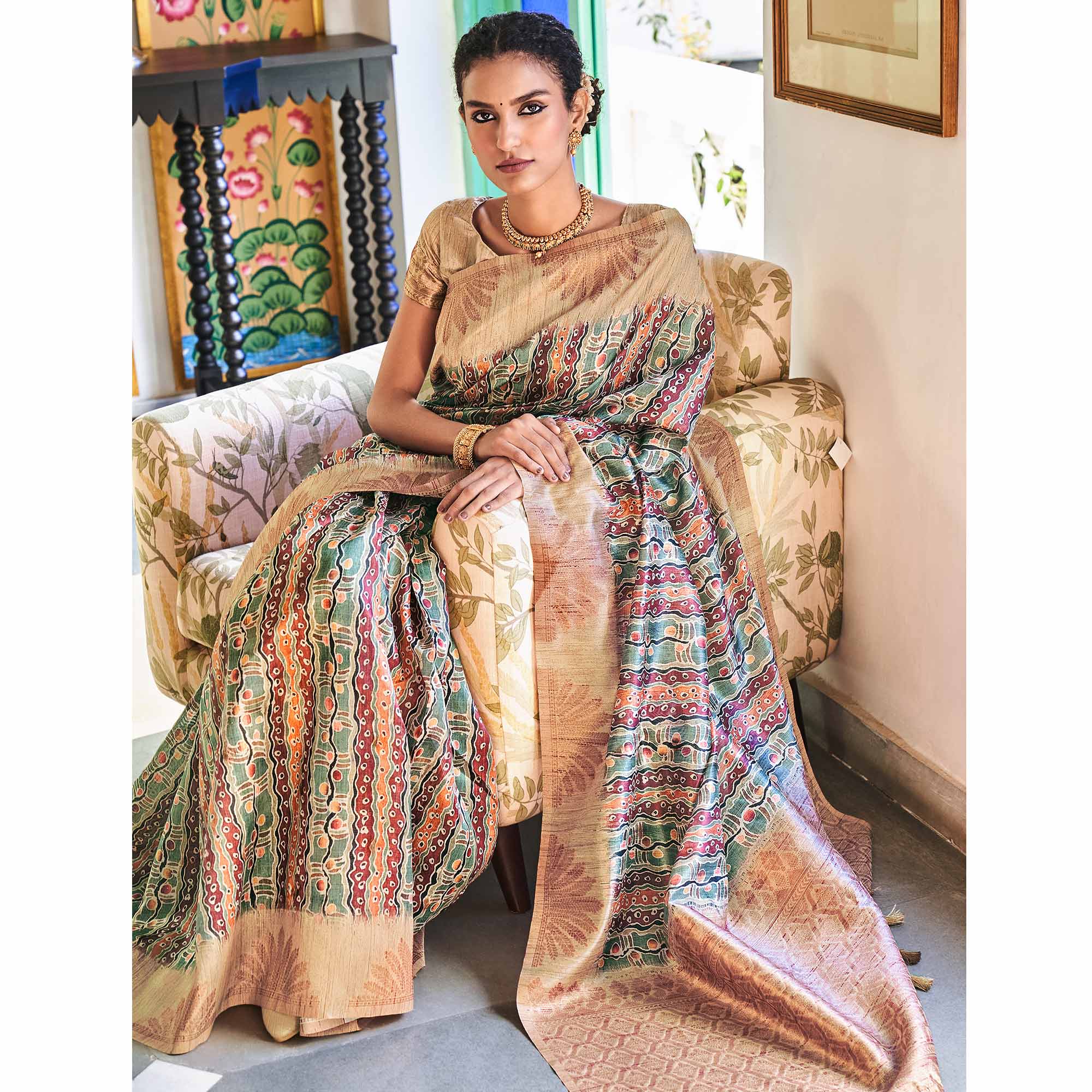 Multicolor Digital Printed Raw Silk Saree With Tassels