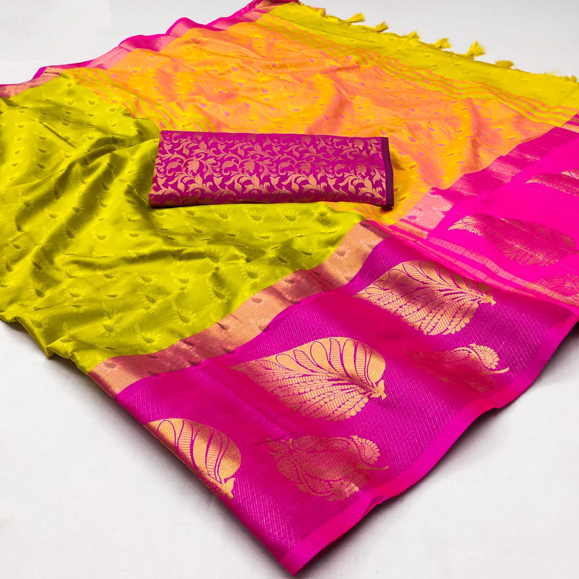 Lemon Green & Pink Woven Cotton Silk Saree With Tassels