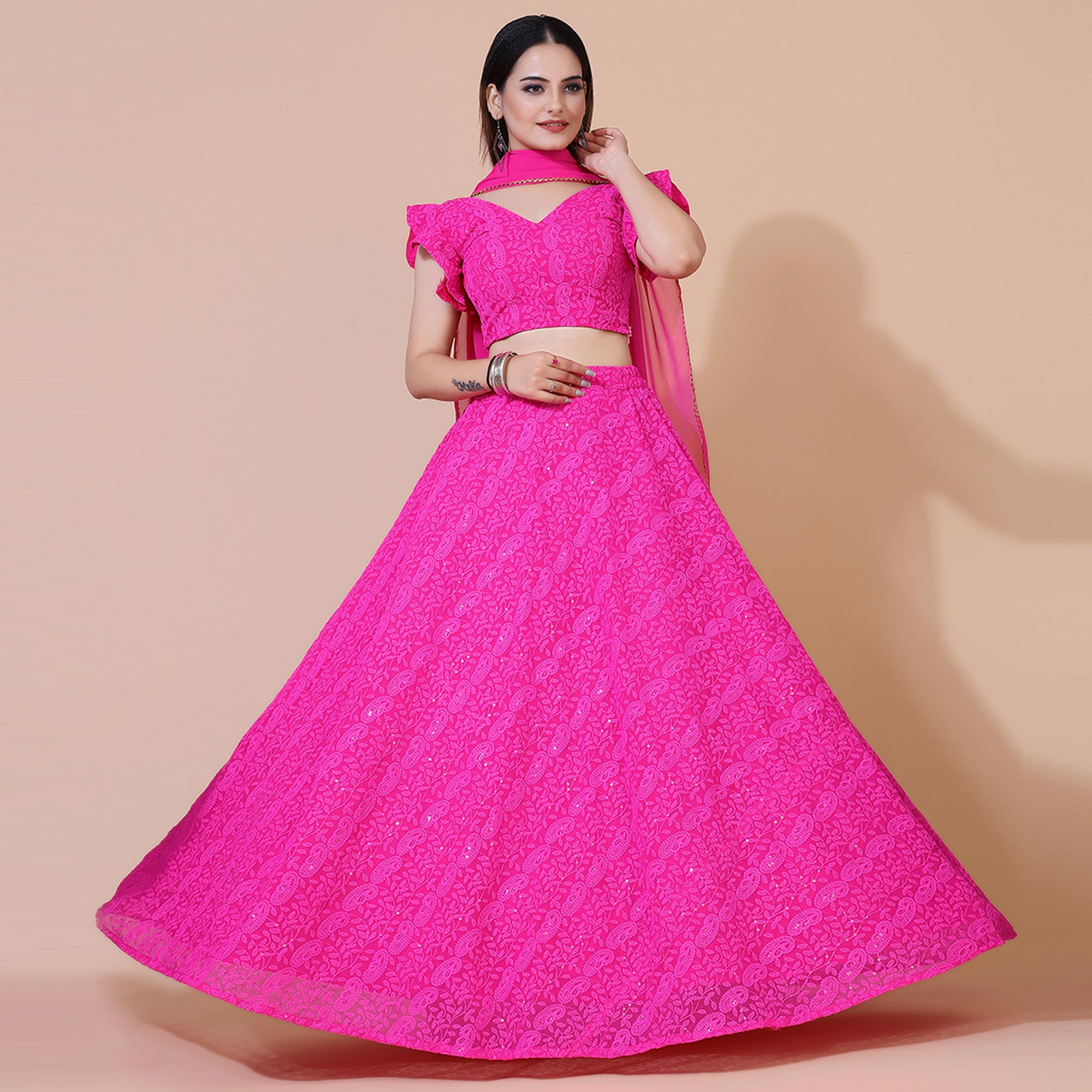 Pink Lucknowi Chikankari Work Georgette Lehenga Choli