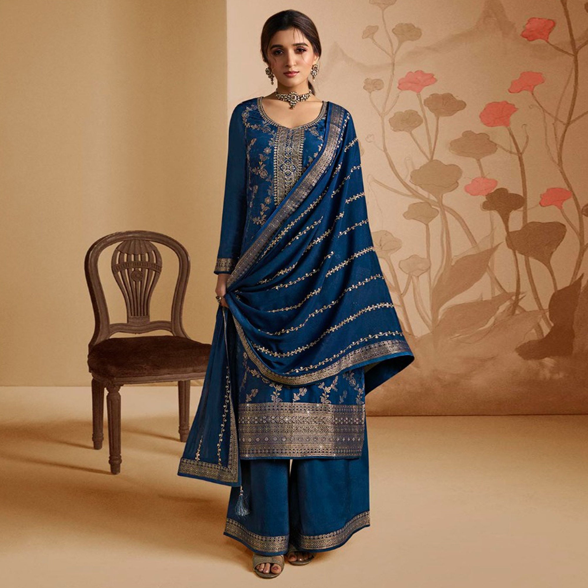 Blue Woven And Embroidered Dola Silk Palazzo Suit
