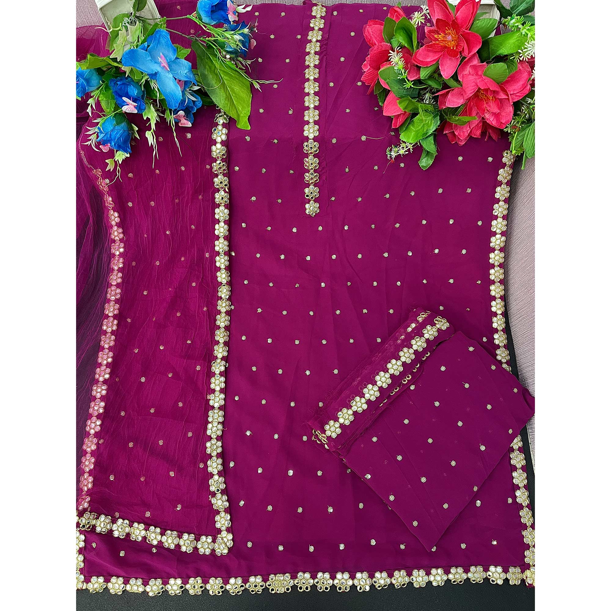 Purple Sequins Embroidered Georgette Sharara Suit