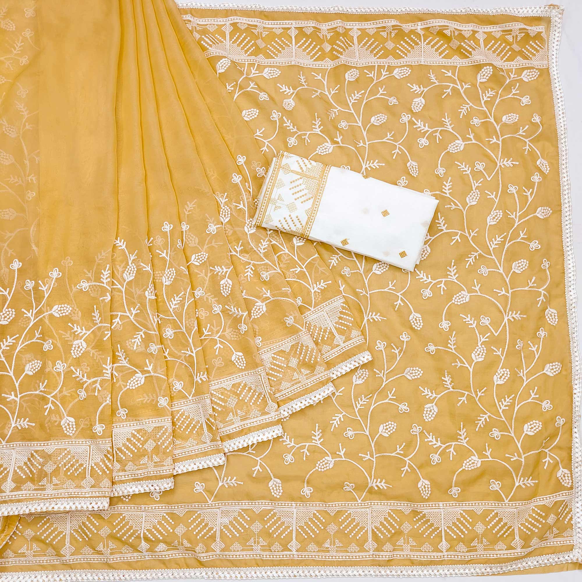 Yellow Lucknowi Work Organza Saree