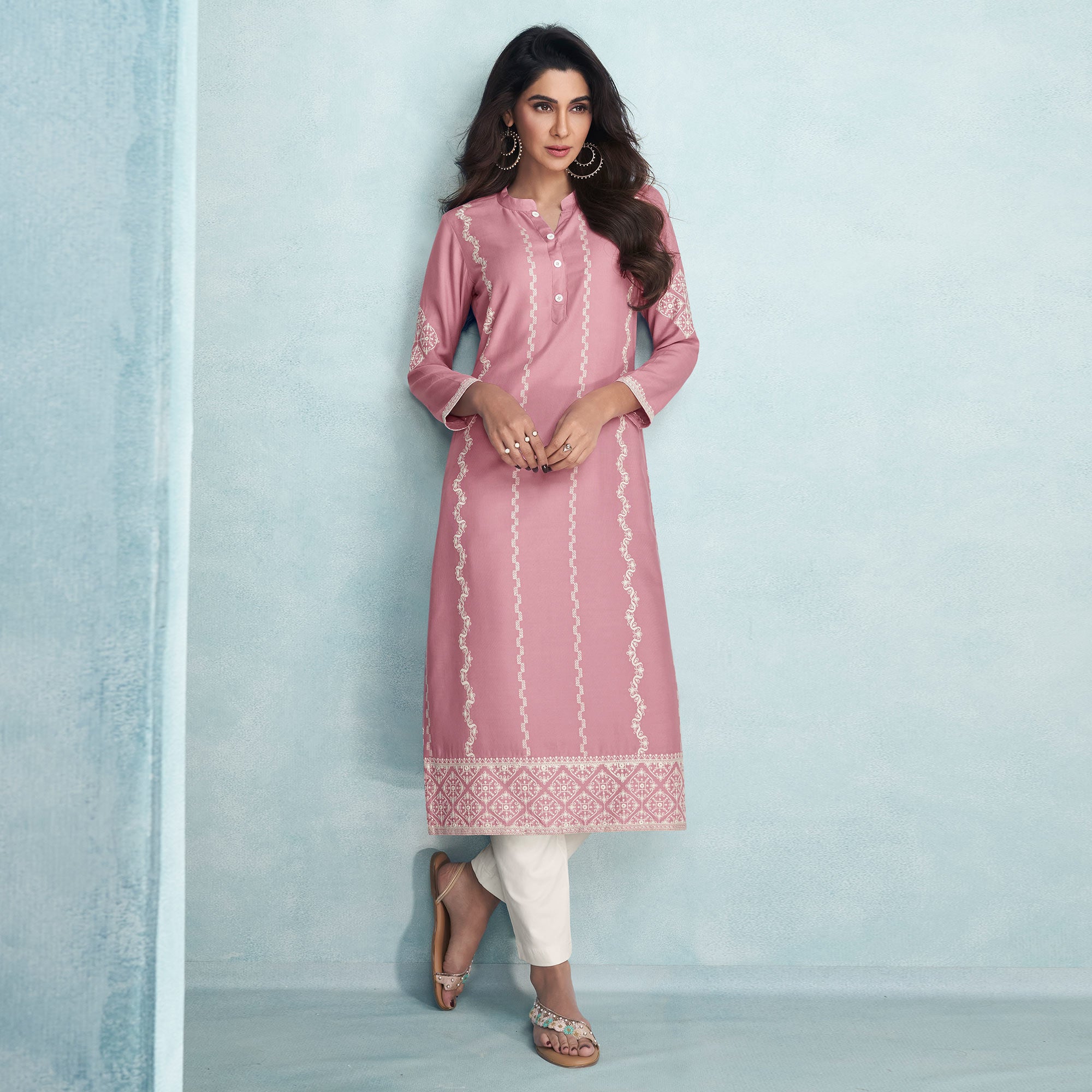 Pink Lucknowi Embroidered Rayon Kurti