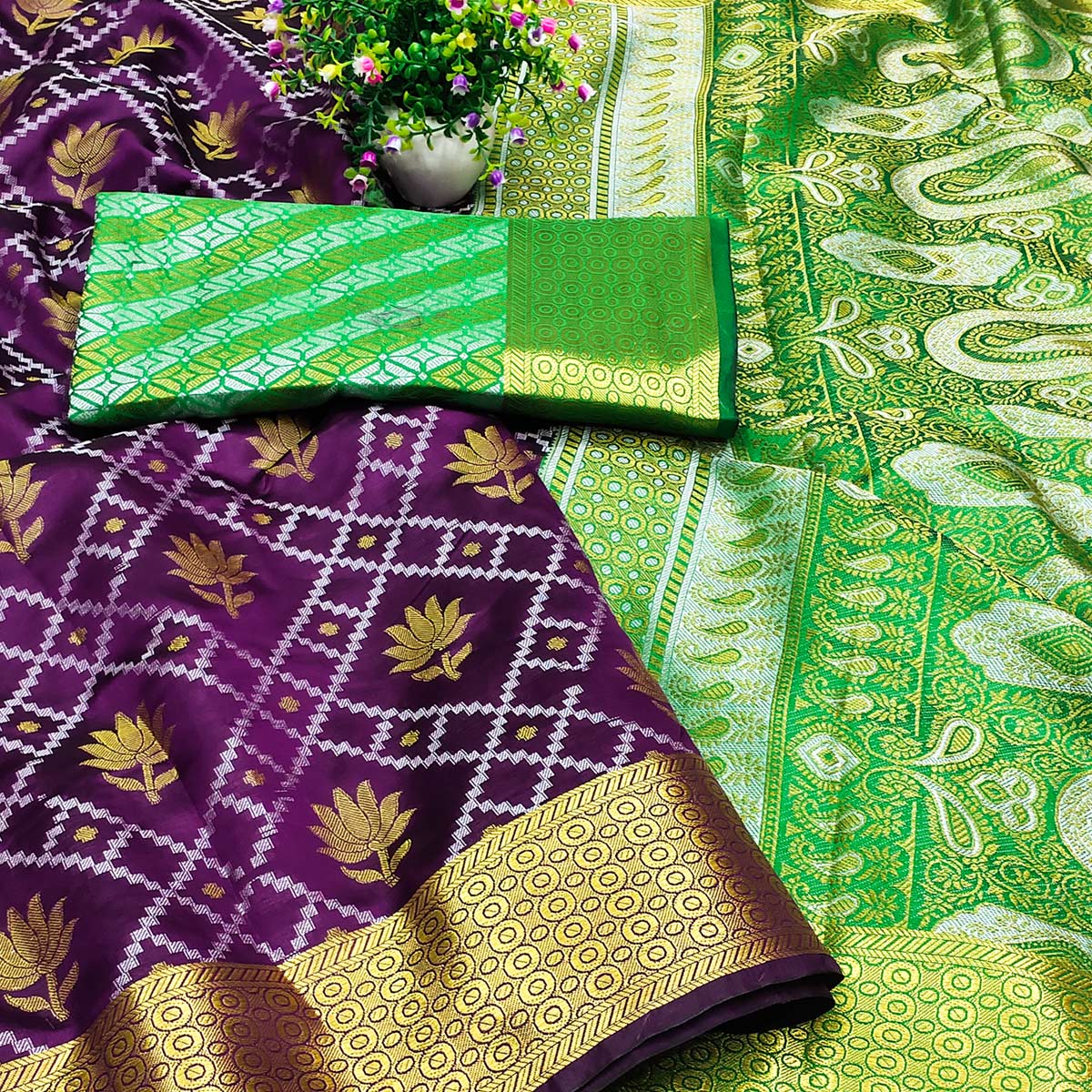 Wine Floral Woven Banarasi Silk Saree