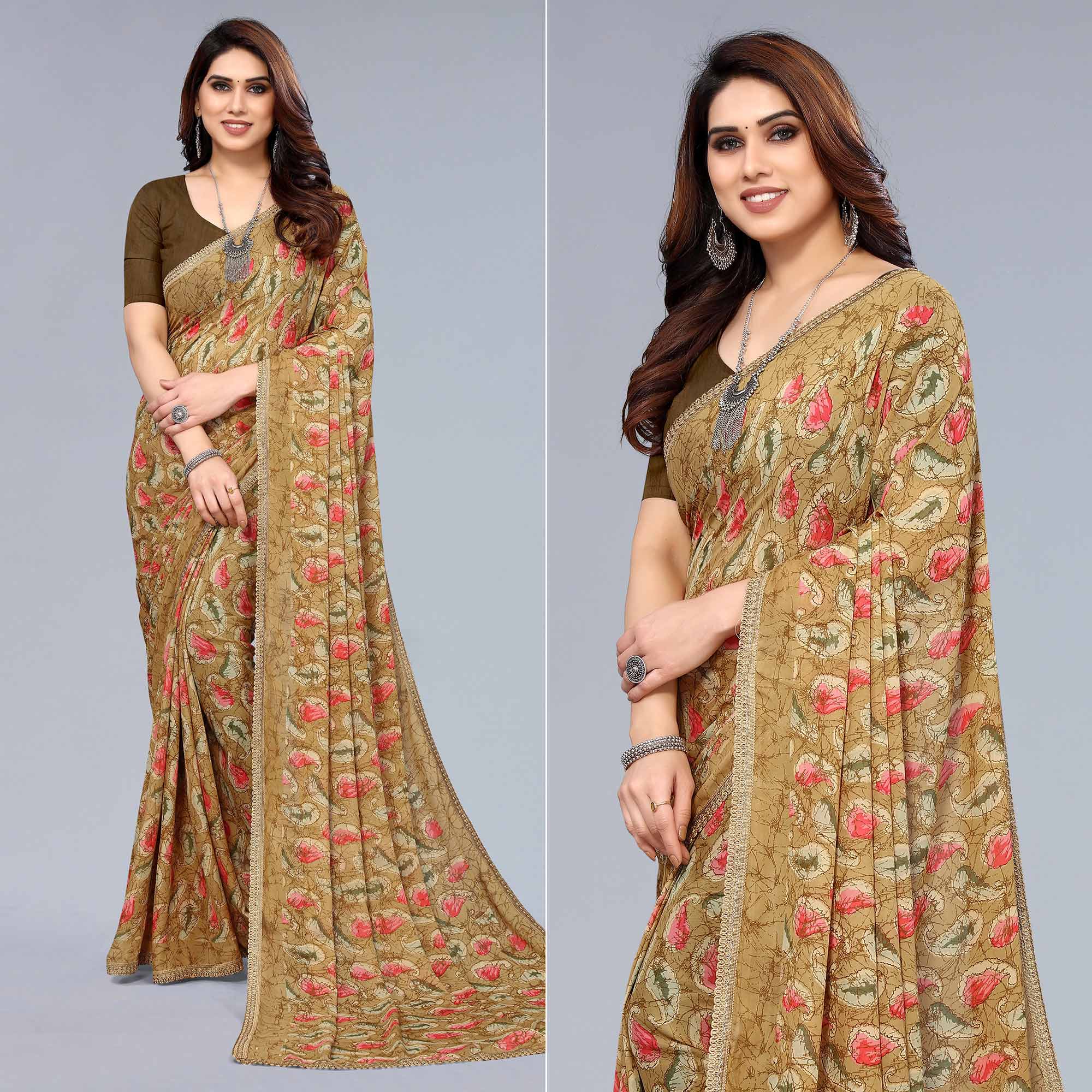 Beige Printed Georgette Saree With Crochet Border