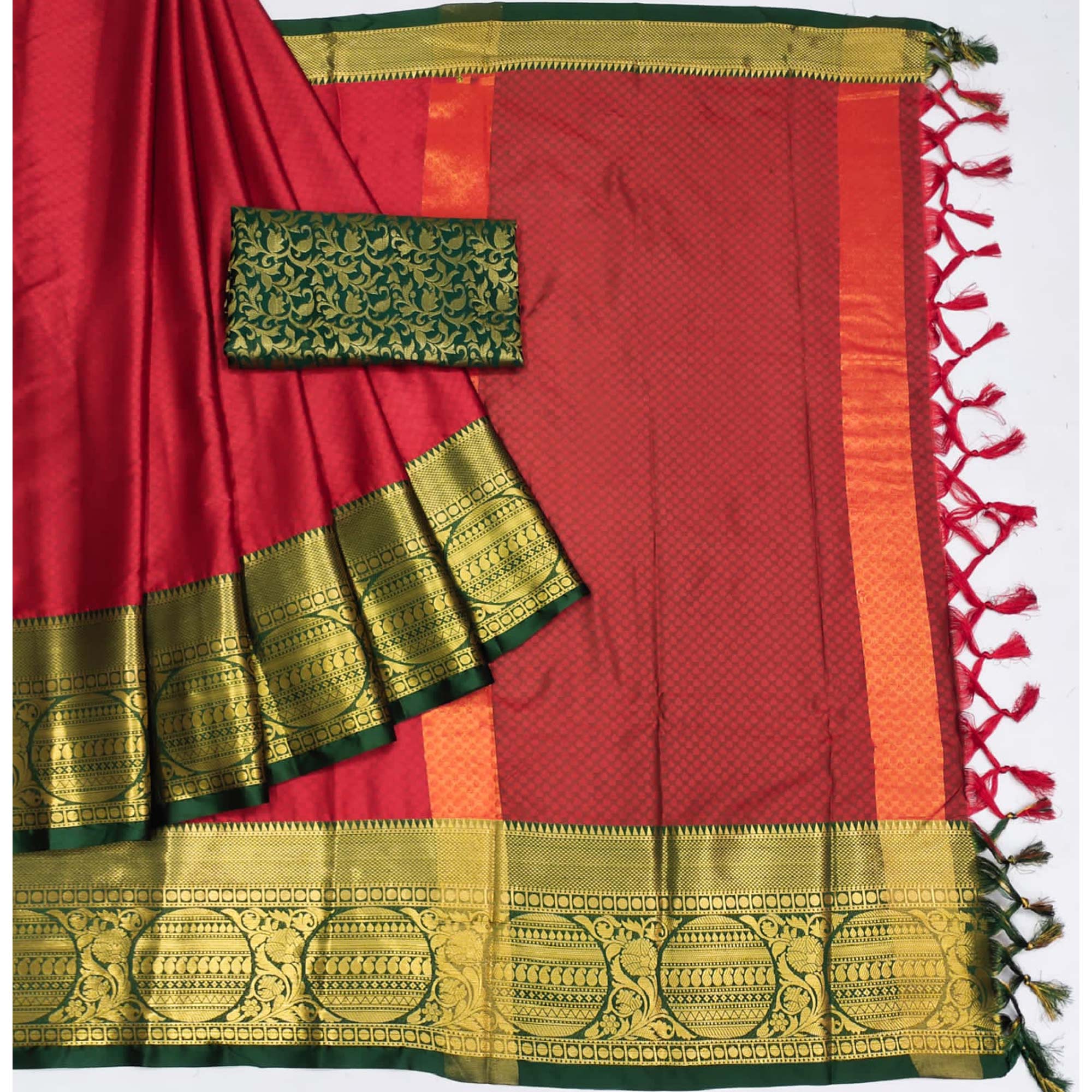 Red Woven Cotton Silk Saree With Tassels