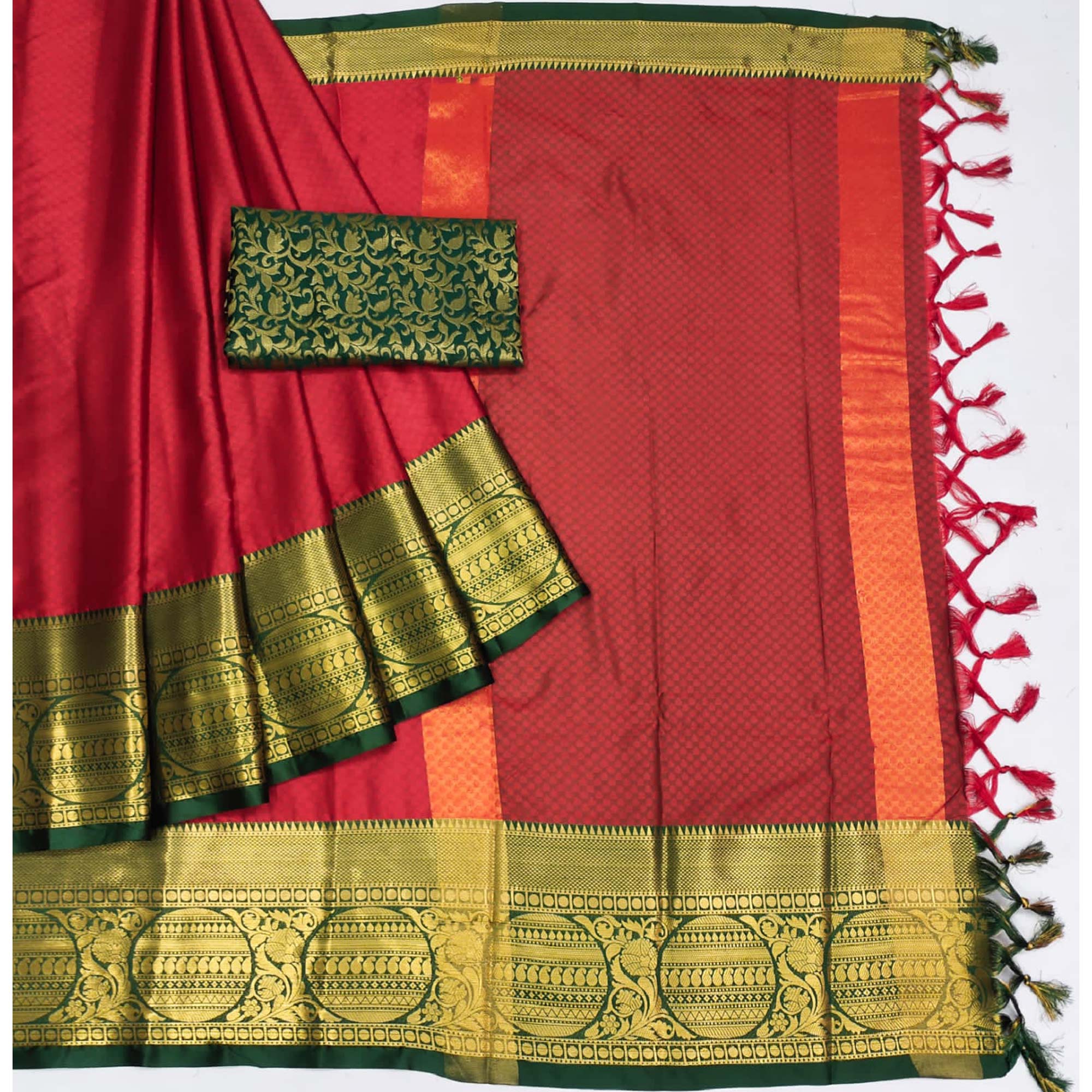 Red Woven Cotton Silk Saree With Tassels