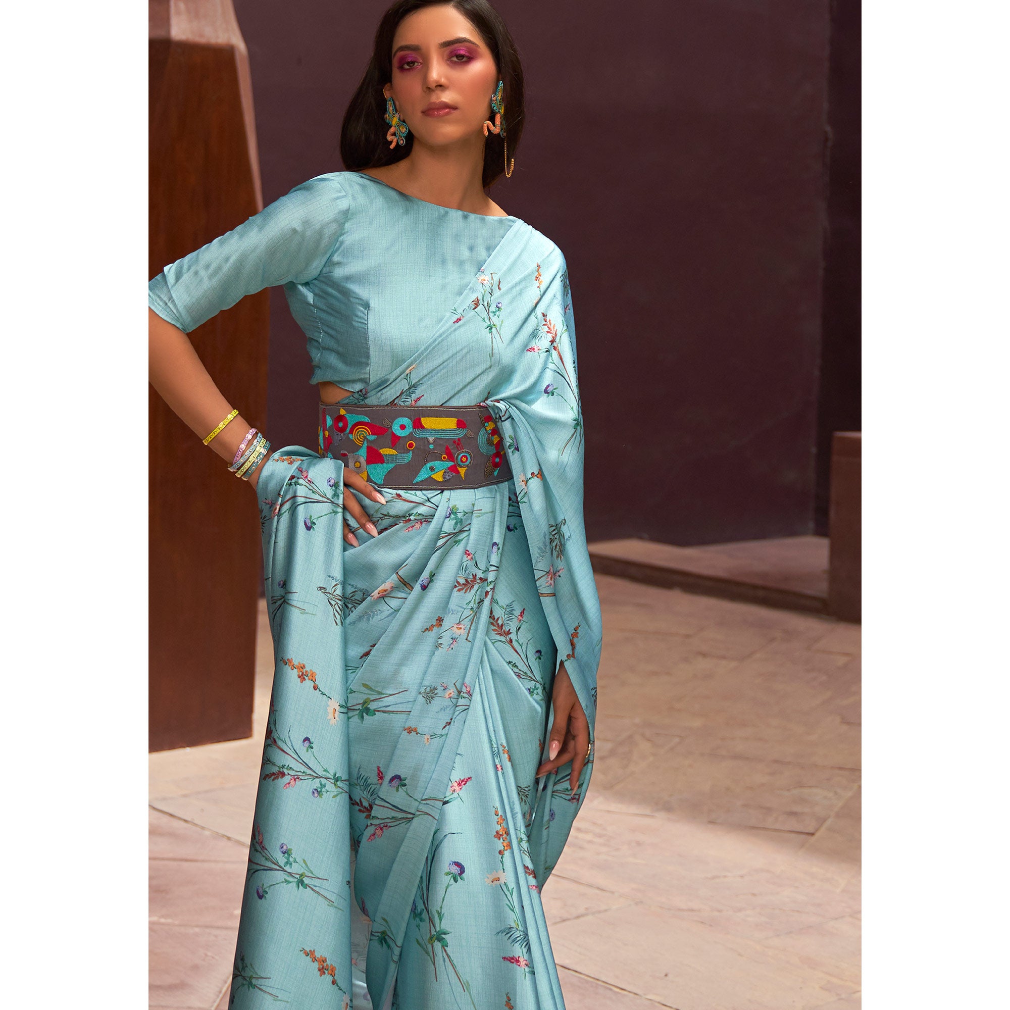 Blue Floral Digital Printed Satin Saree