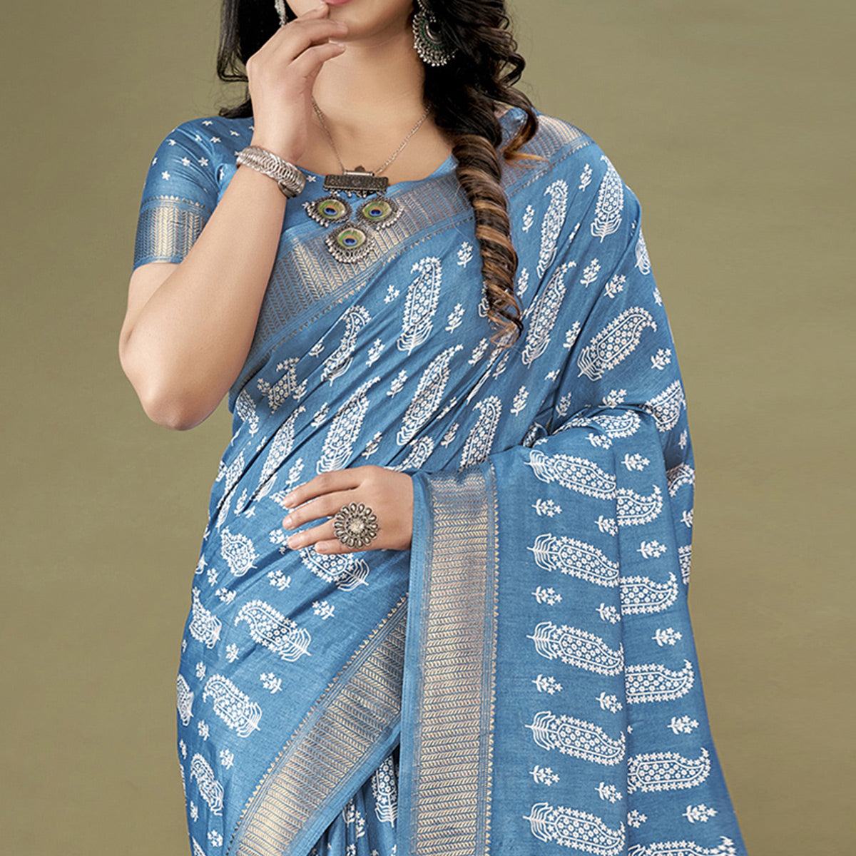 Blue Floral Printed Dola Silk Saree