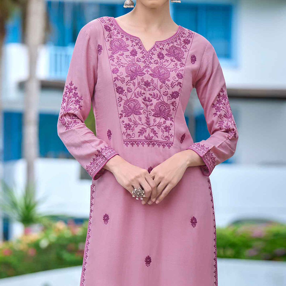 Mauve Lucknowi Embroidered Rayon Kurti