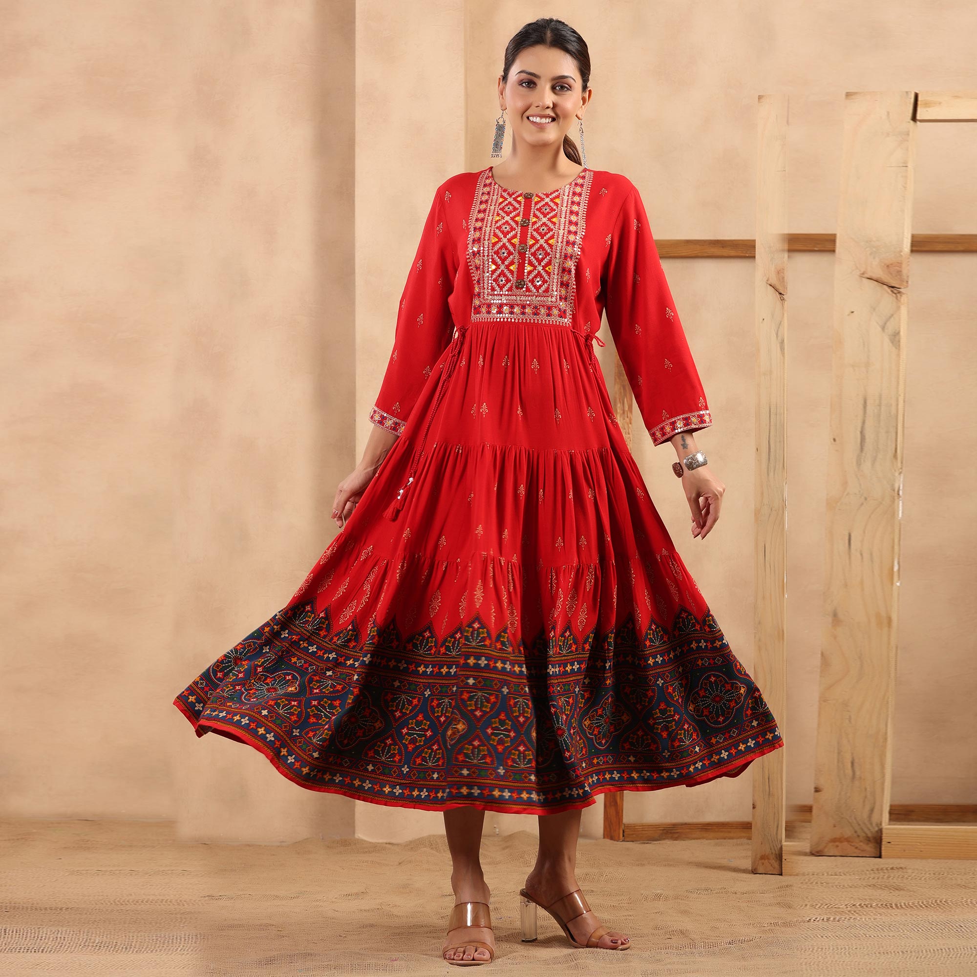 Red Printed With Embroidered Rayon Gown