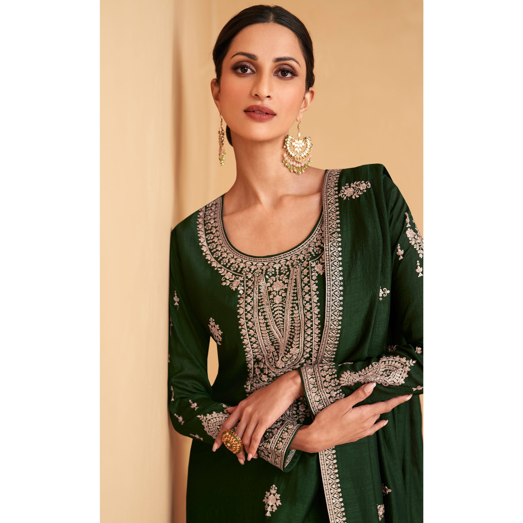 Green Embroidered Art Silk Palazzo Suit