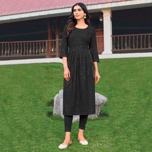 Black Sequins Embroidered Rayon Naira Cut Kurti