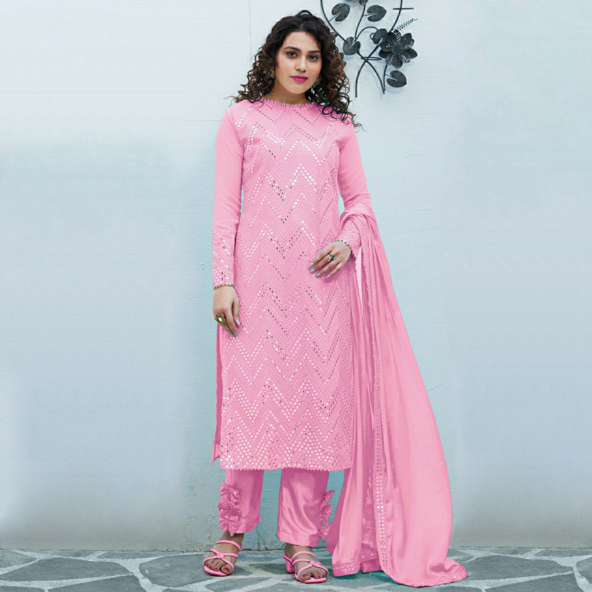 Pink Mirror Embroidered Georgette Suit