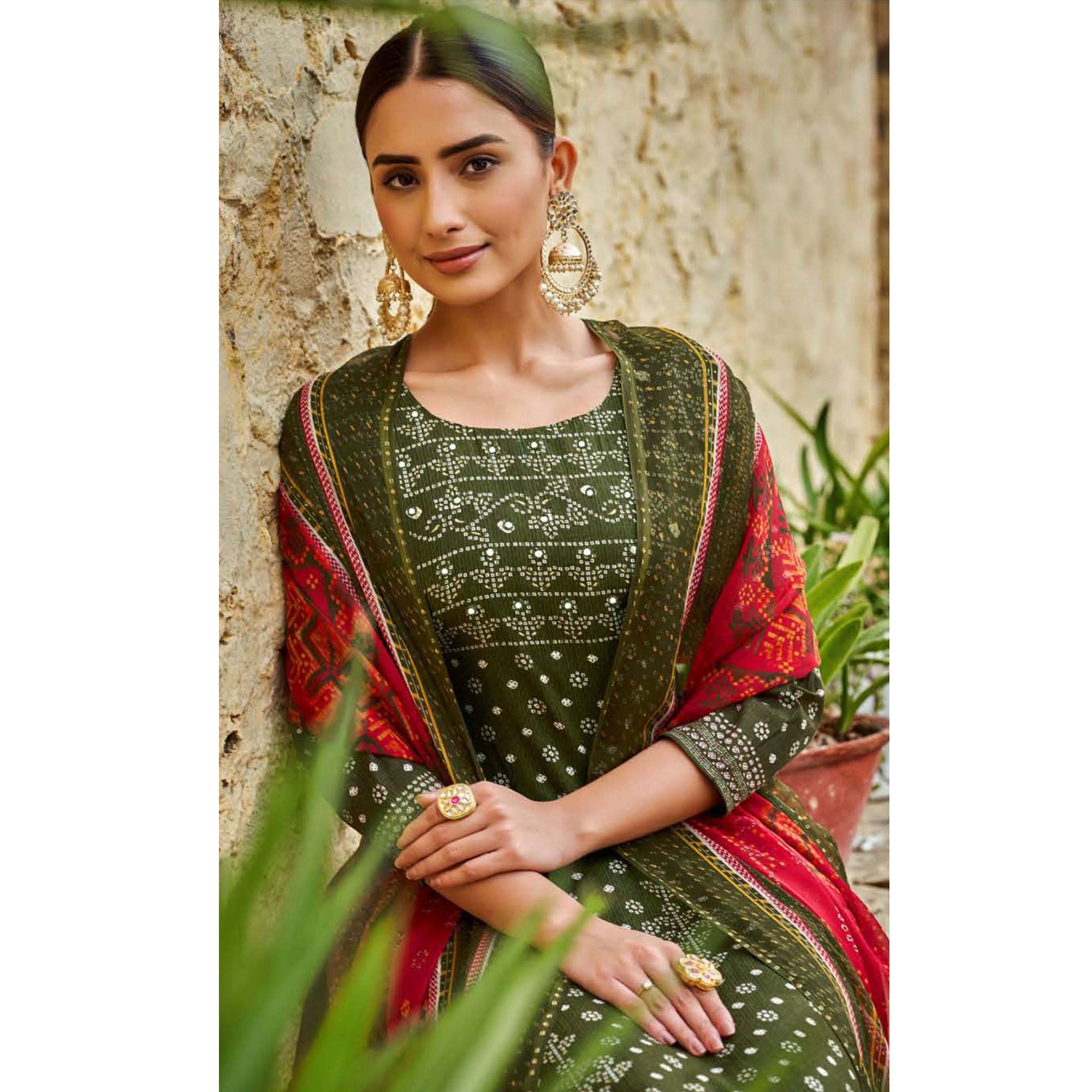 Olive Green Bandhani Printed Pure Cotton Salwar Suit