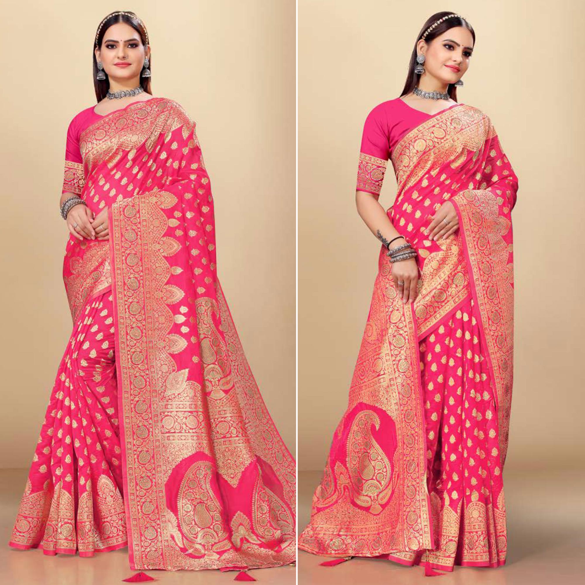 Pink Woven Art Silk Saree With Tassels