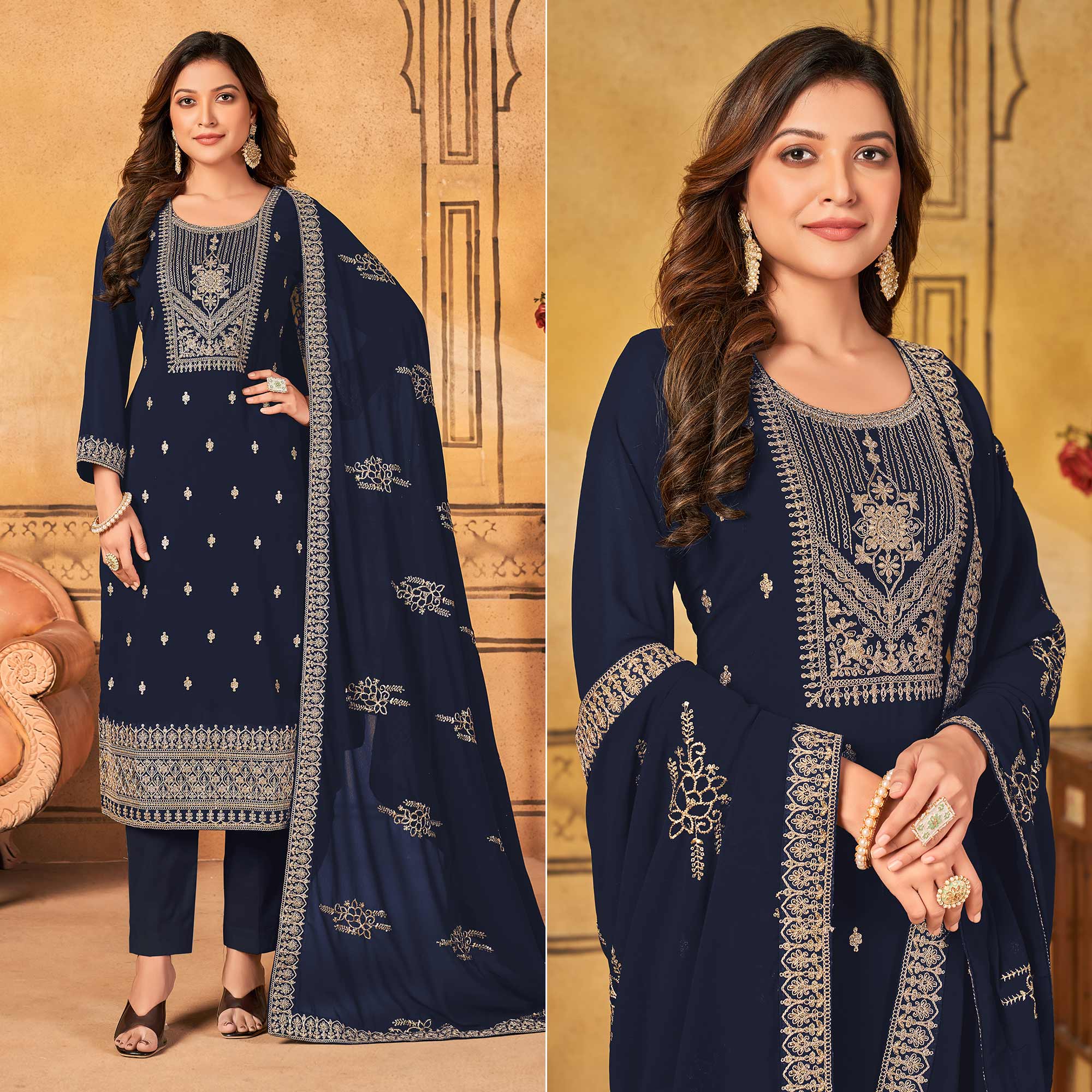 Navy Blue Floral Embroidered Georgette Salwar Suit