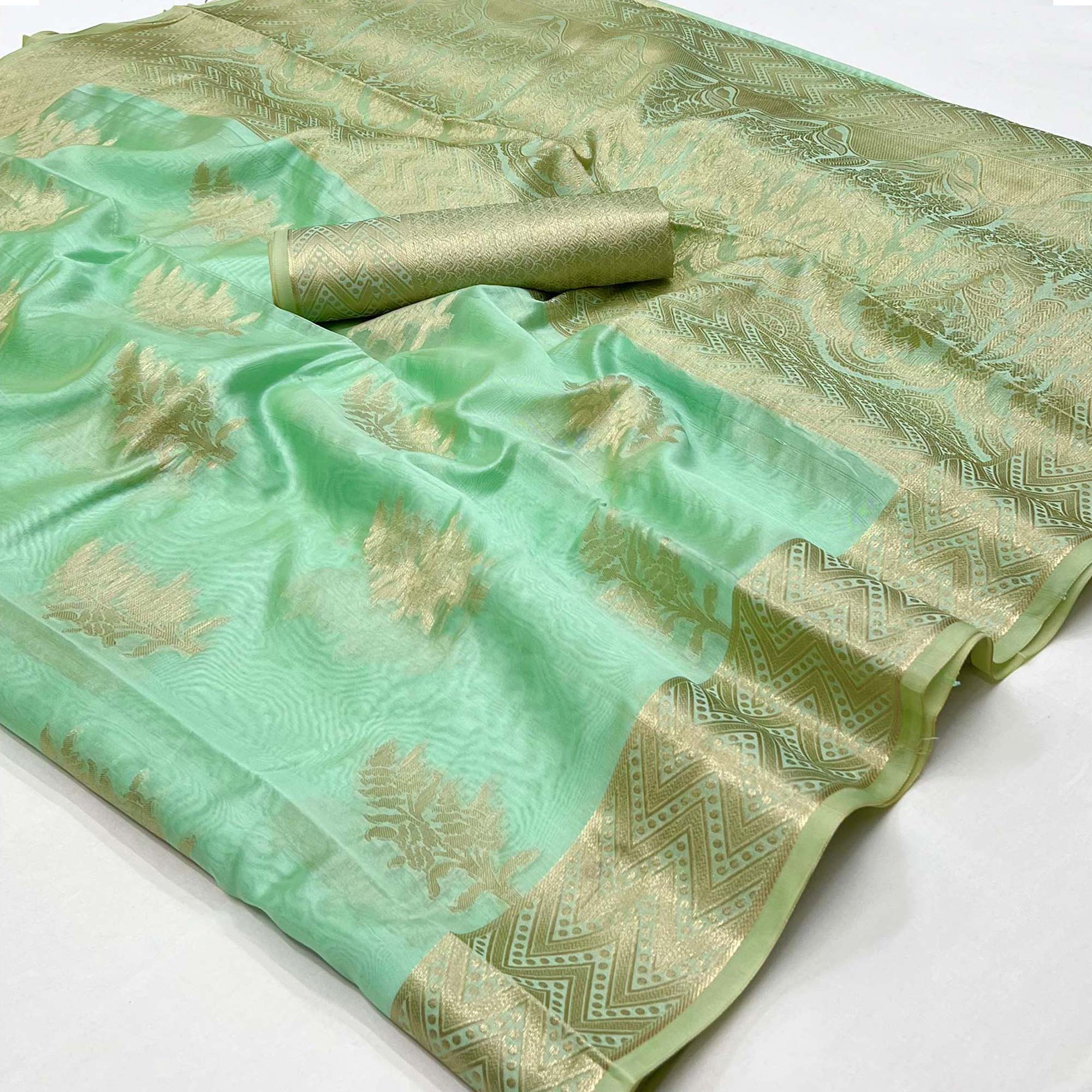 Sea Green Floral Woven Organza Saree