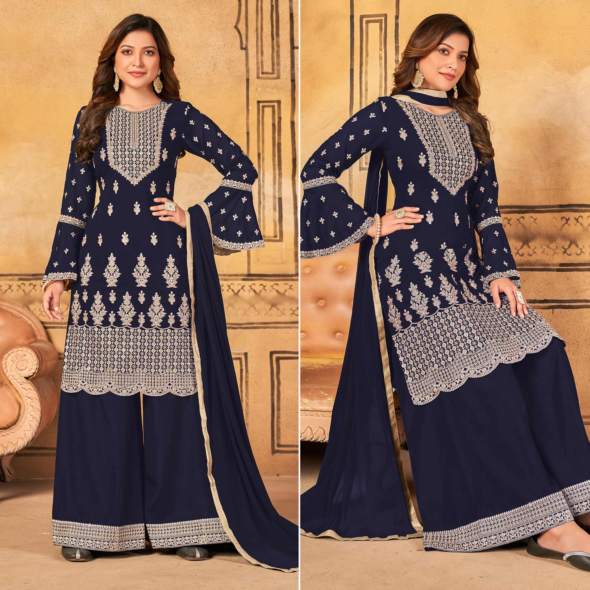Navy Blue Floral Embroidered Georgette Palazzo Suit