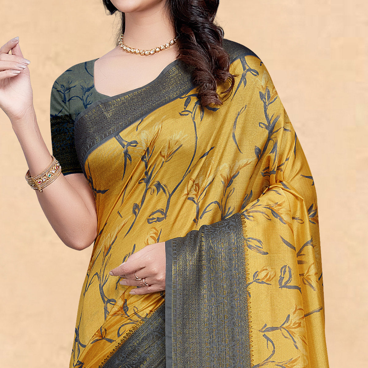 Mustard Floral Digital Printed Tussar Silk Saree