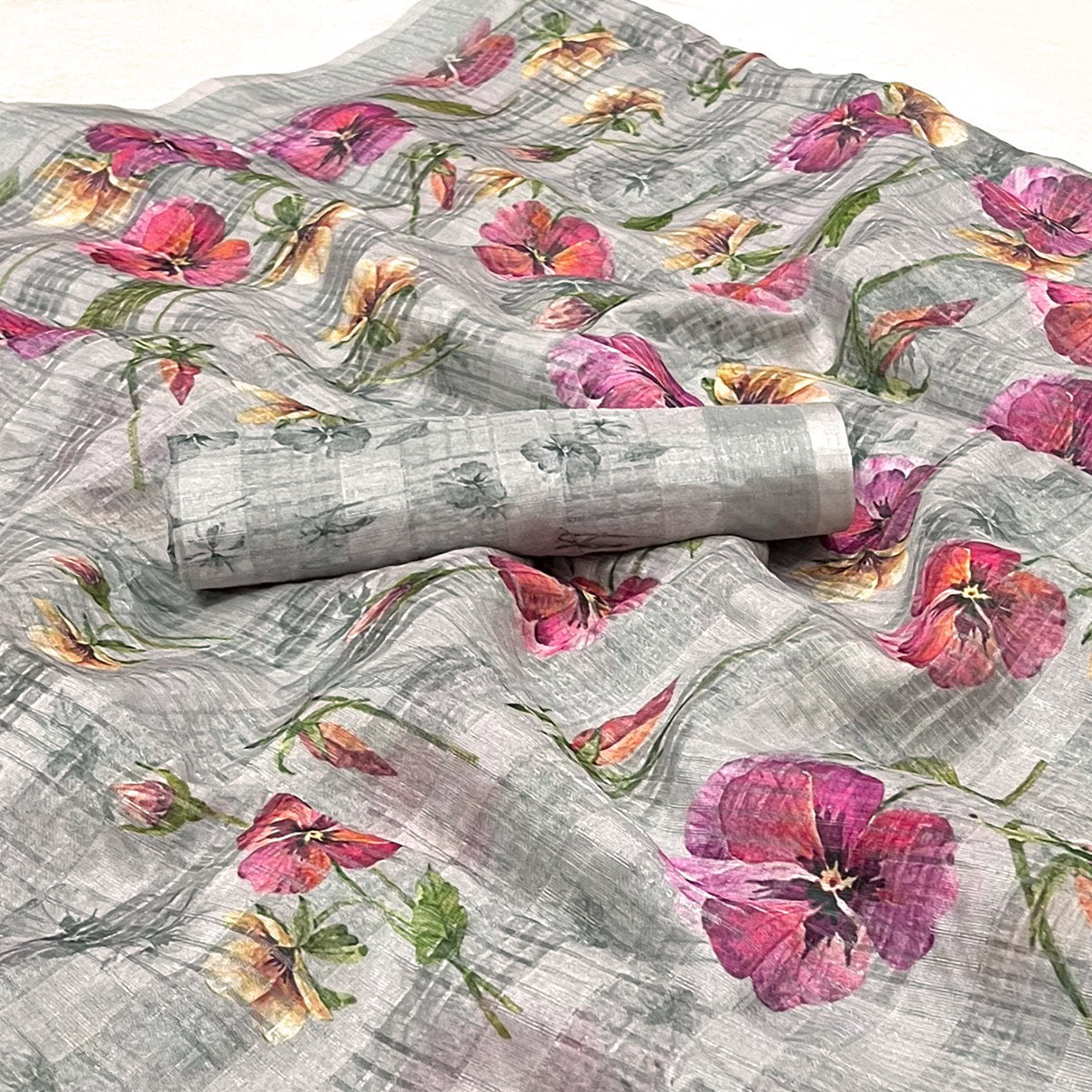 Grey Floral Digital Printed Cotton Silk Saree