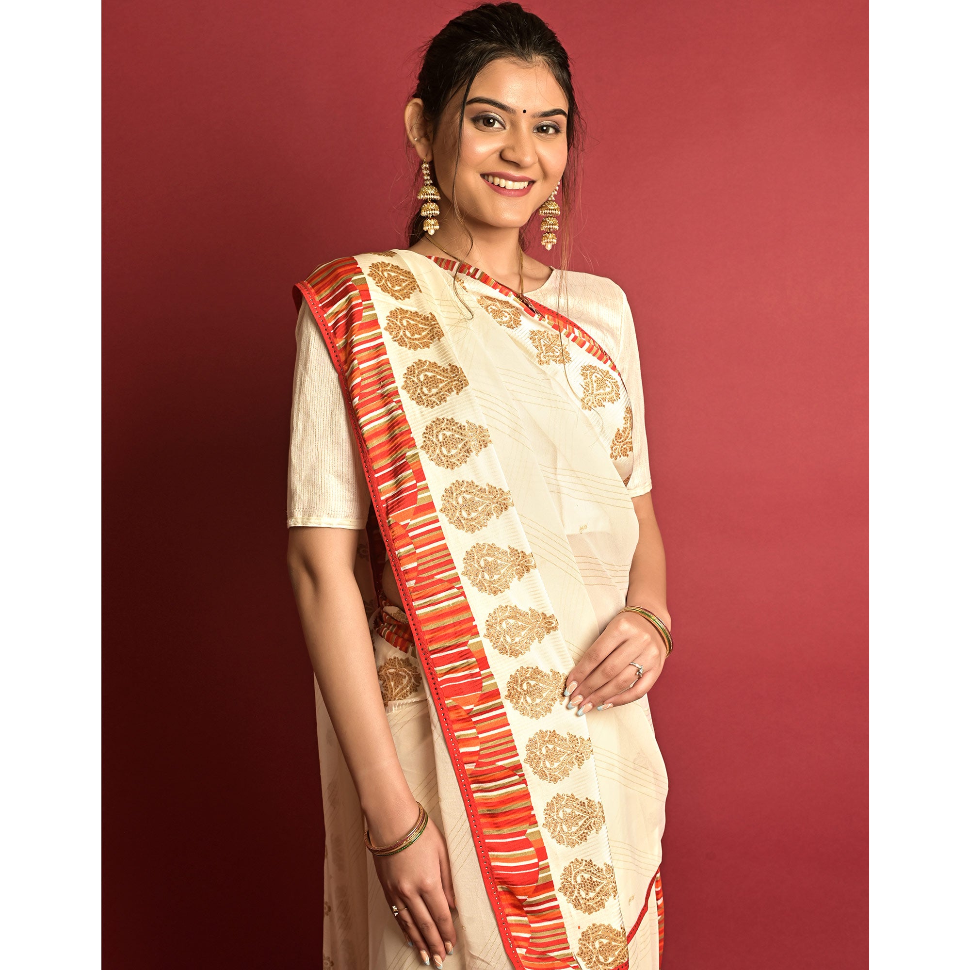 Cream Printed Georgette Saree