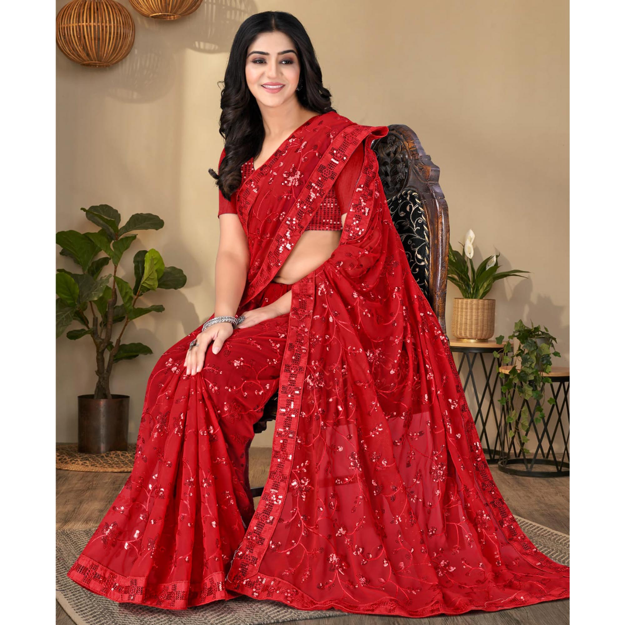 Red Sequins Embroidered Georgette Saree