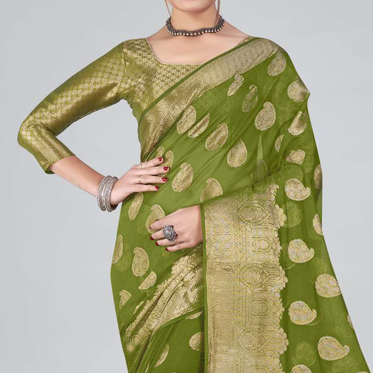 Green Woven Organza Saree With Tassels