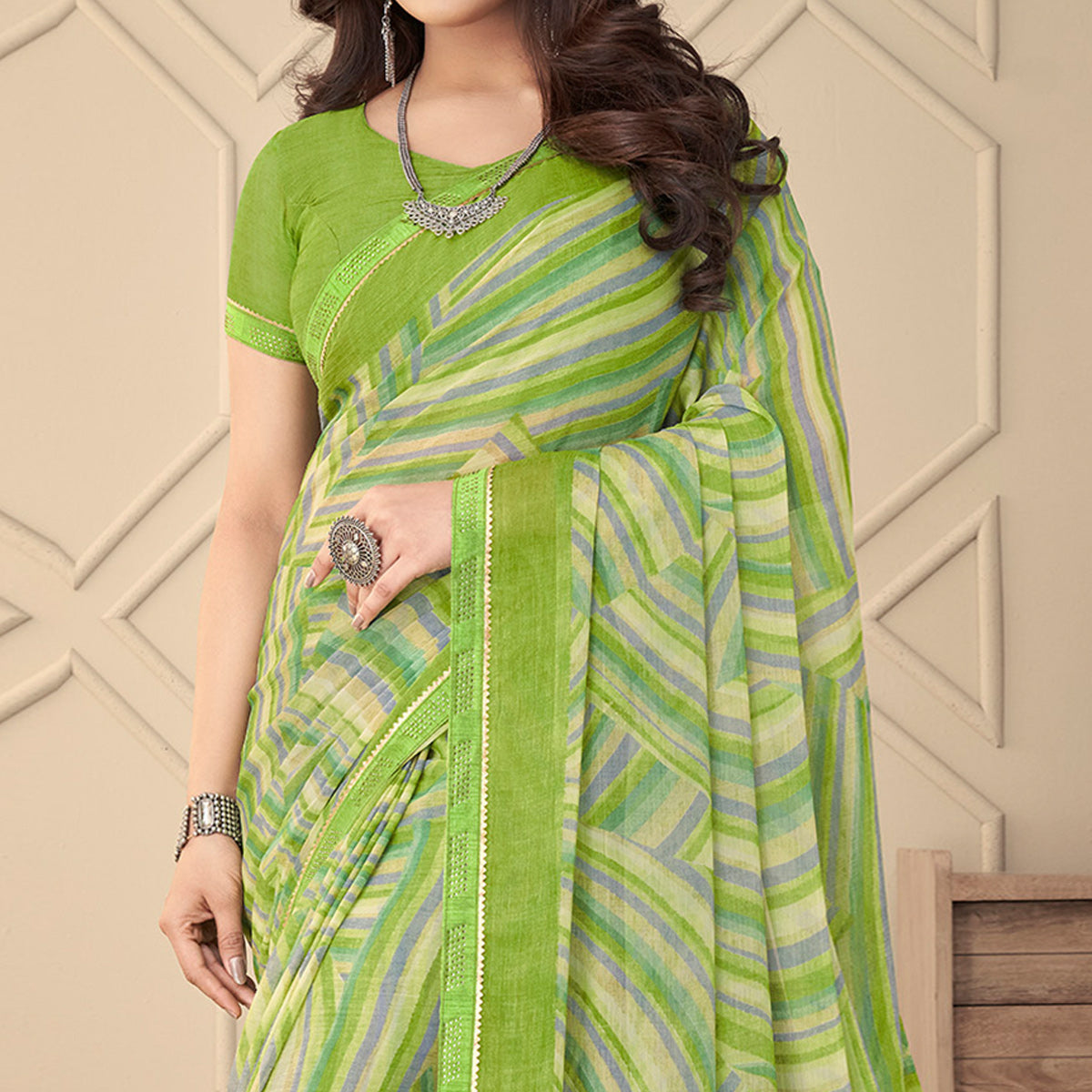 Green Printed Chiffon Saree With Tassels