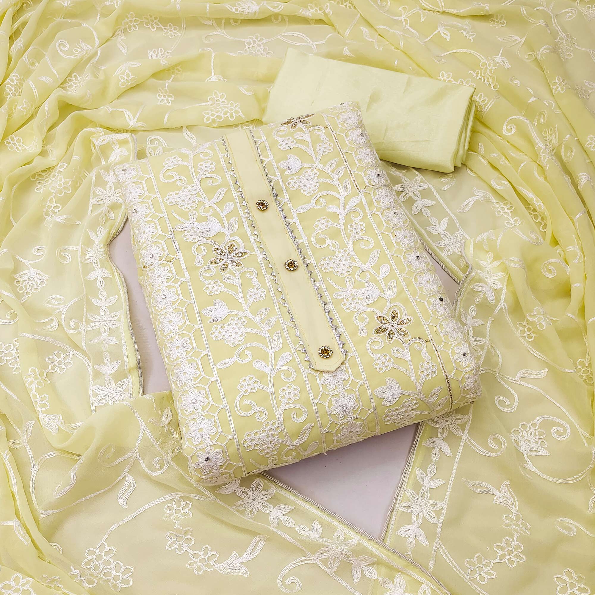 Yellow Lucknowi Embroidered Georgette Dress Material