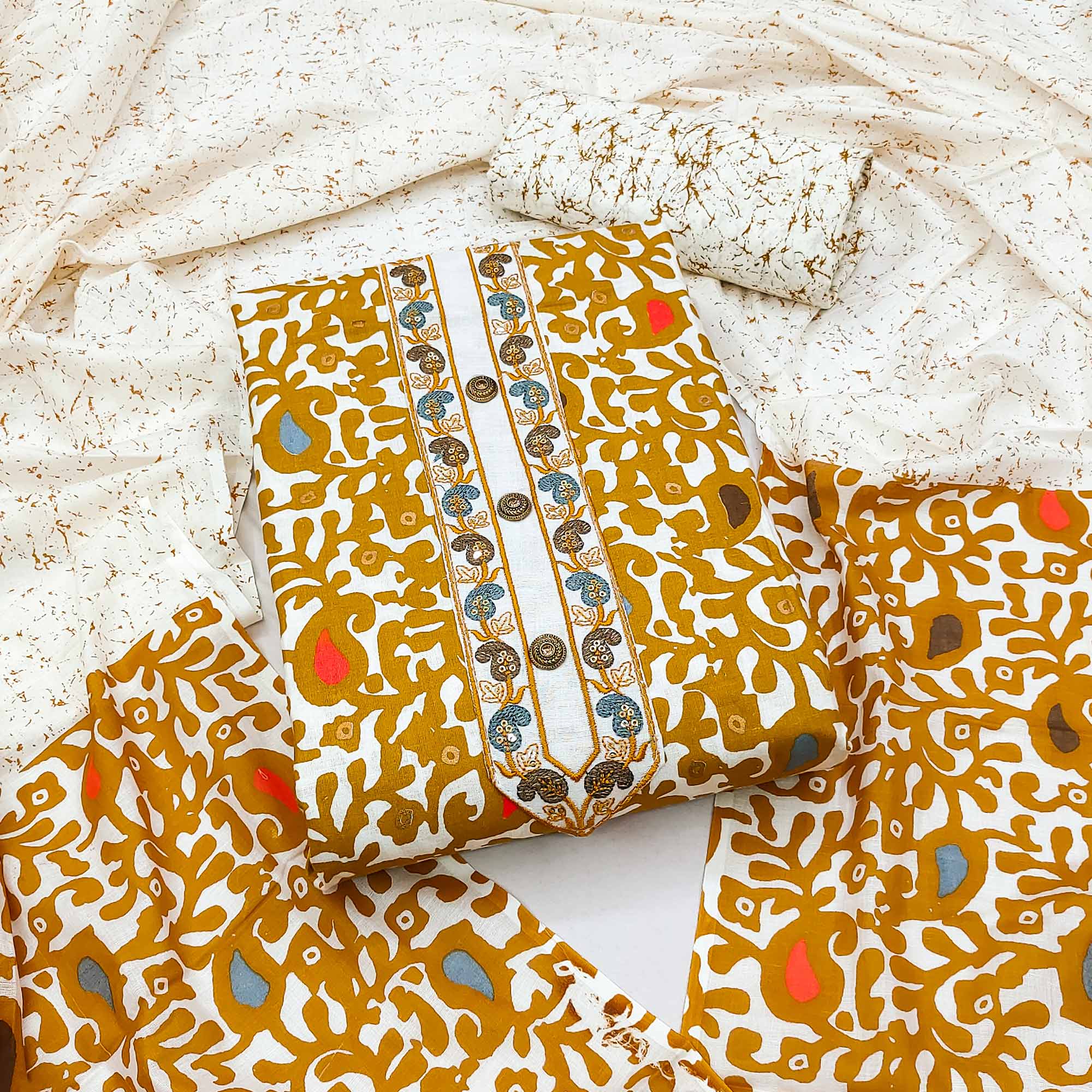 Mustard Printed Cotton Dress Material
