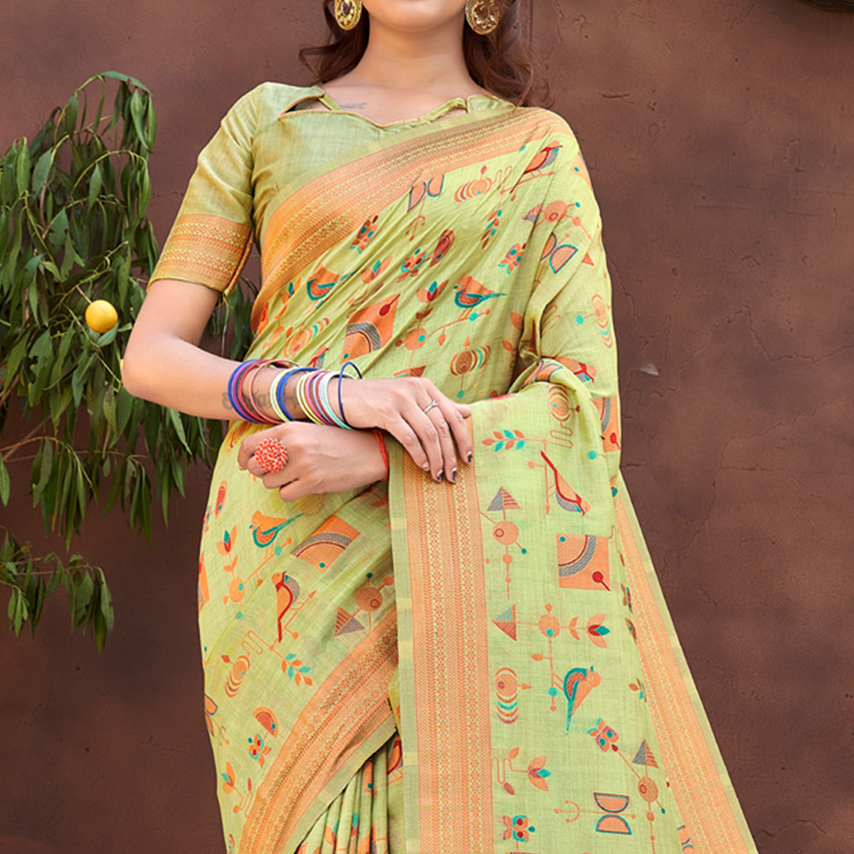 Light Green Woven Art Silk Saree With Tassels