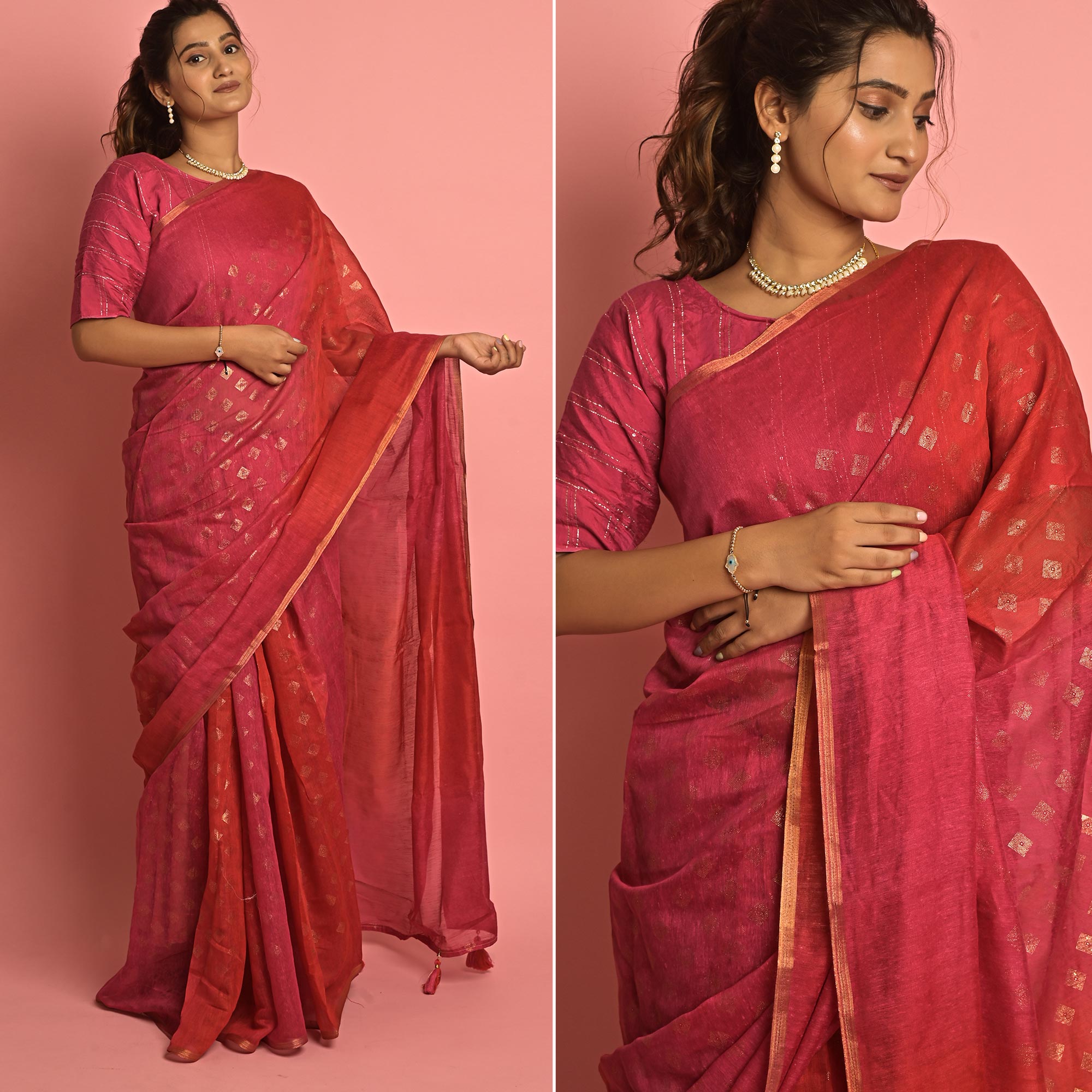 Pink & Red Foil Printed Cotton Blend Saree