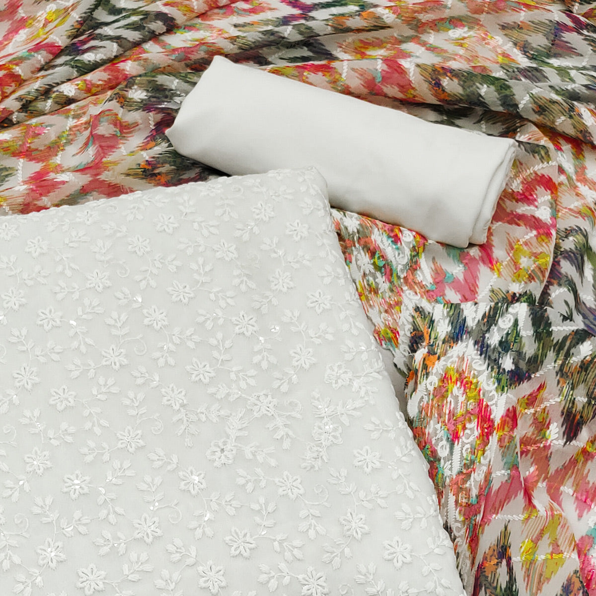 White Floral Sequins Embroidered Georgette Dress Material