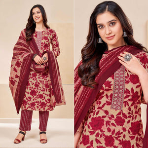 Beige Maroon Printed With Tie Embroidered Pure Cotton Suit