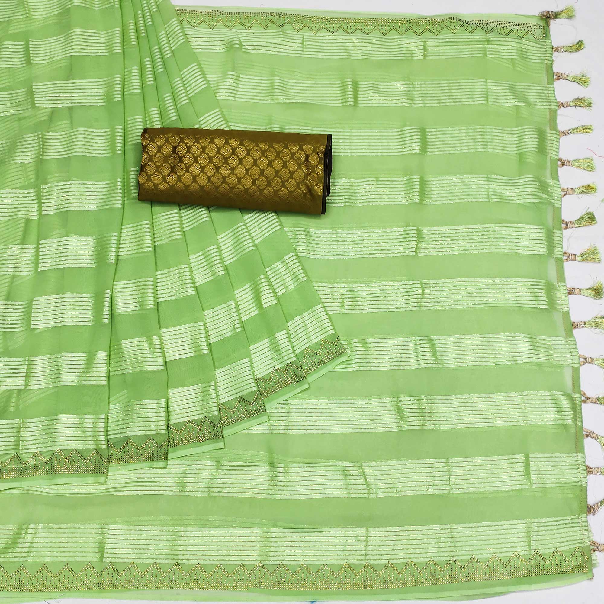 Green Striped With Stone Work Georgette Saree